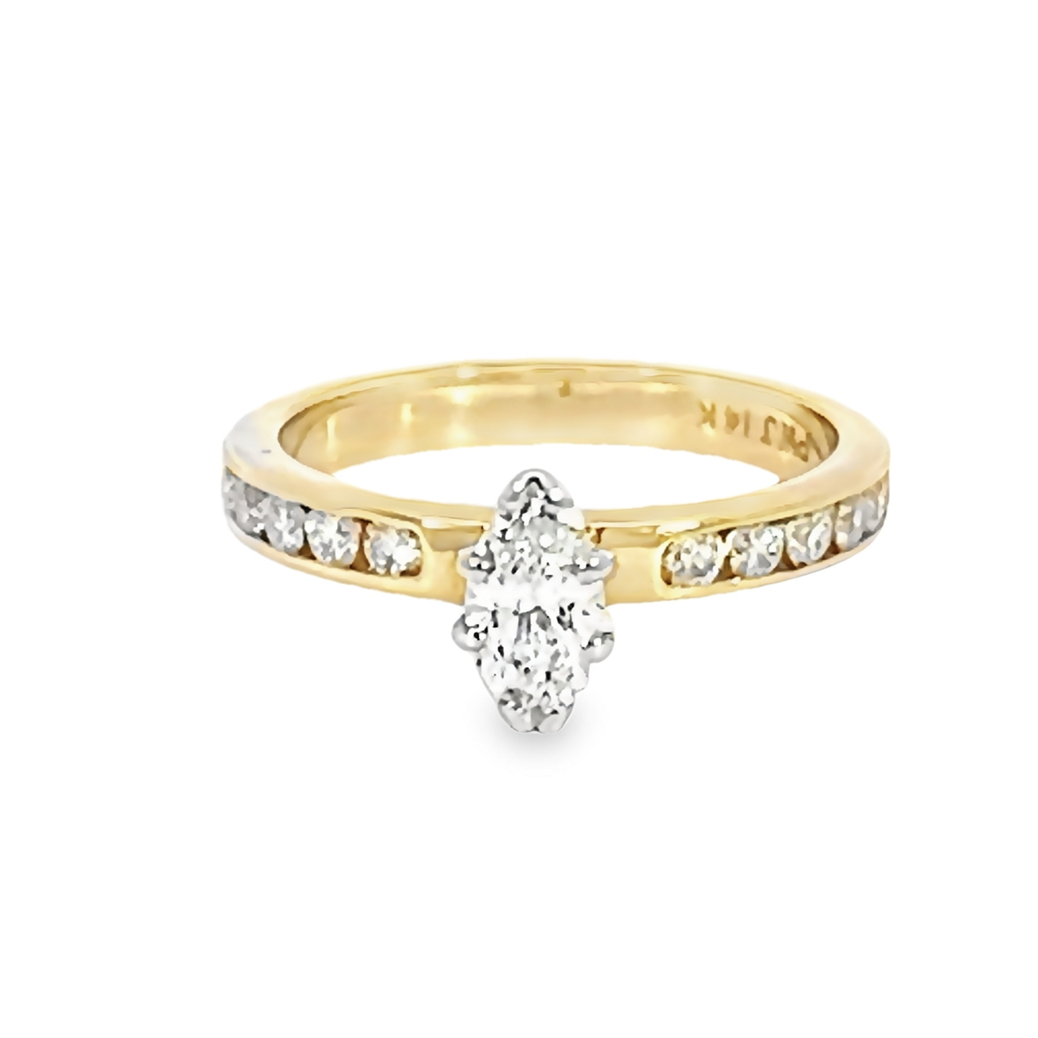 14 Karat yellow gold engagement ring With one 0.50ct Marquise G I1 Diamond &  12=0.75tw Round G VS Diamonds.