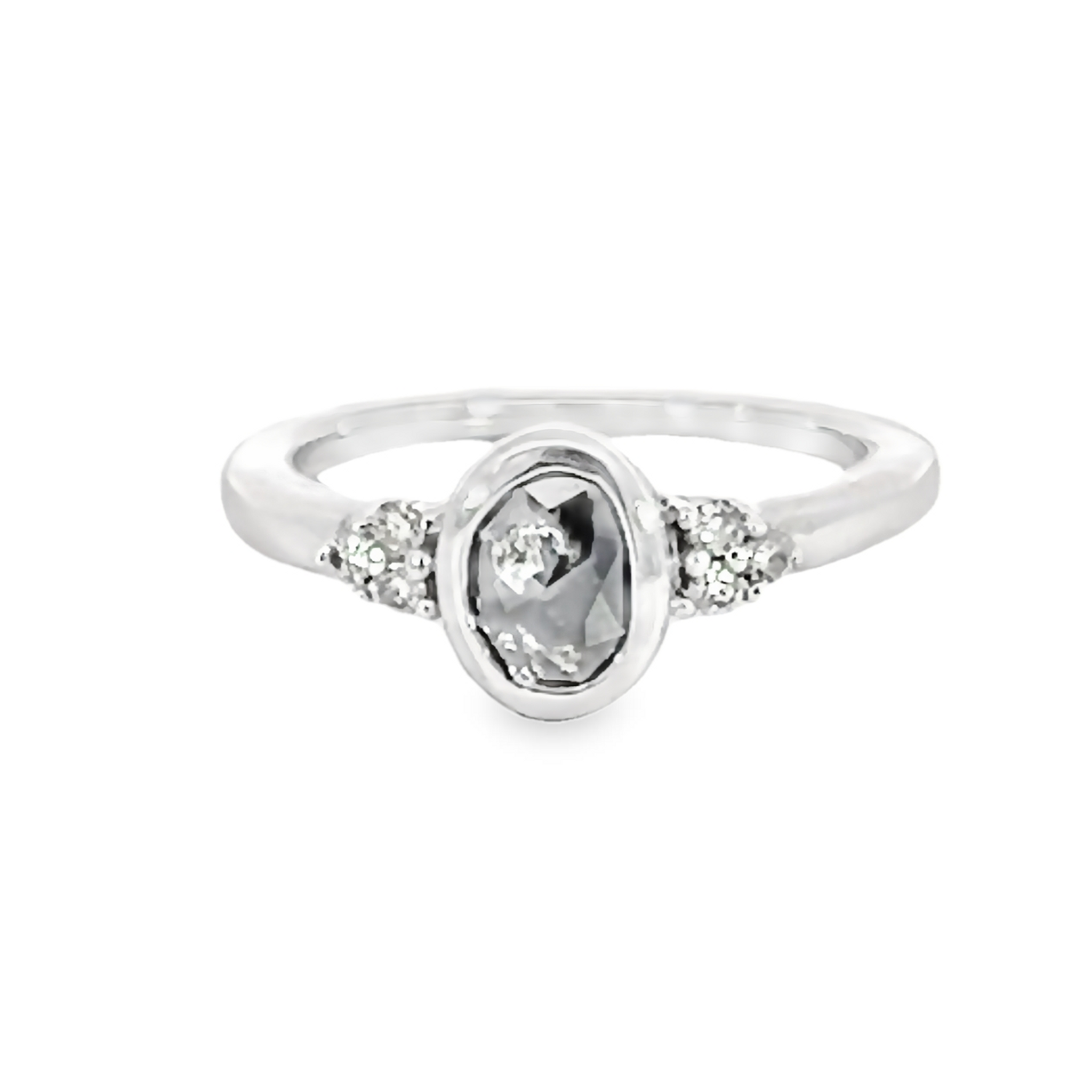 14k White gold ring with one 1.13 ct Salt and Pepper oval bezel set Diamond and 6=.12ct
