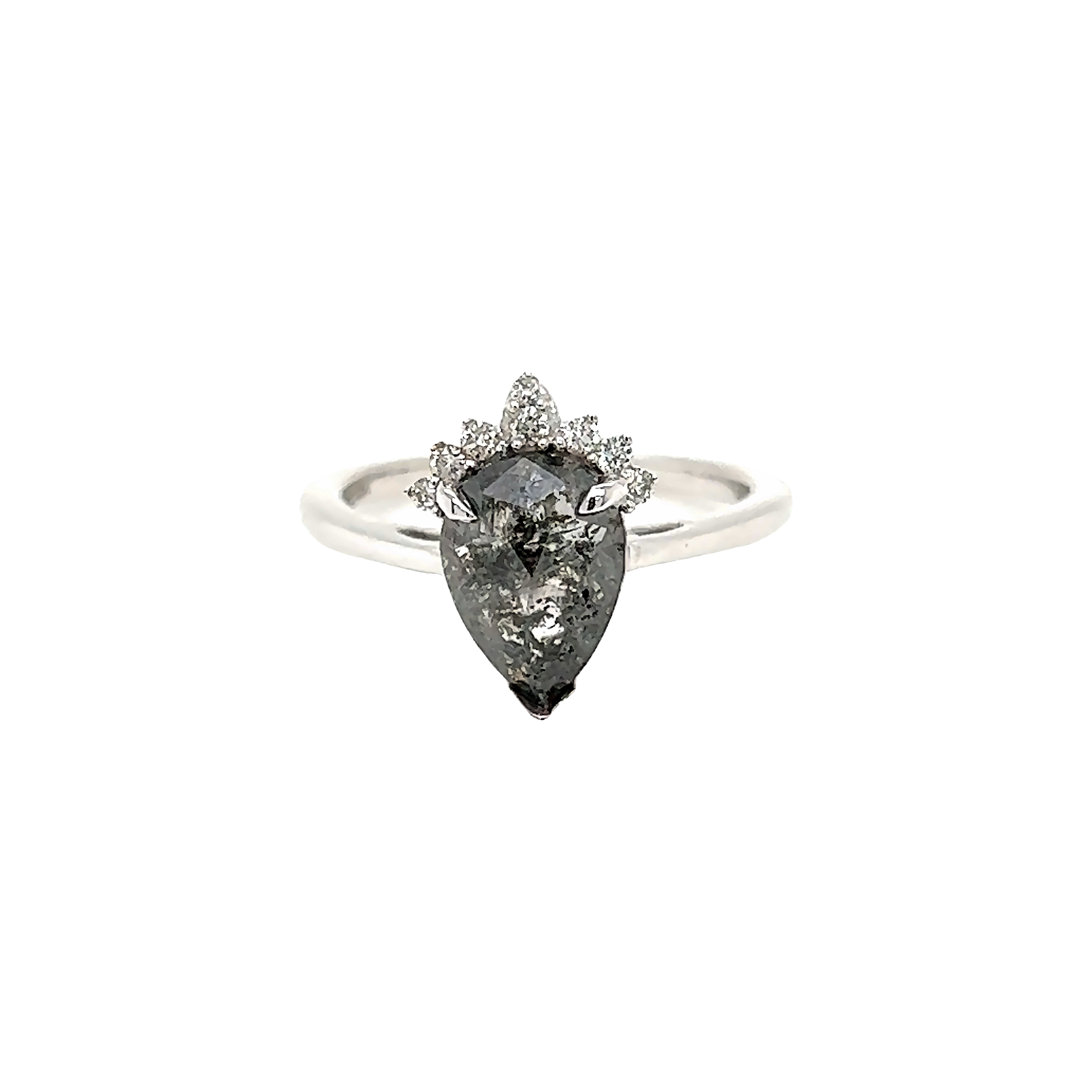 14k White gold ring with one 1.5ct Salt and Pepper pear shaped diamond center and 9=.17ct accent diamonds