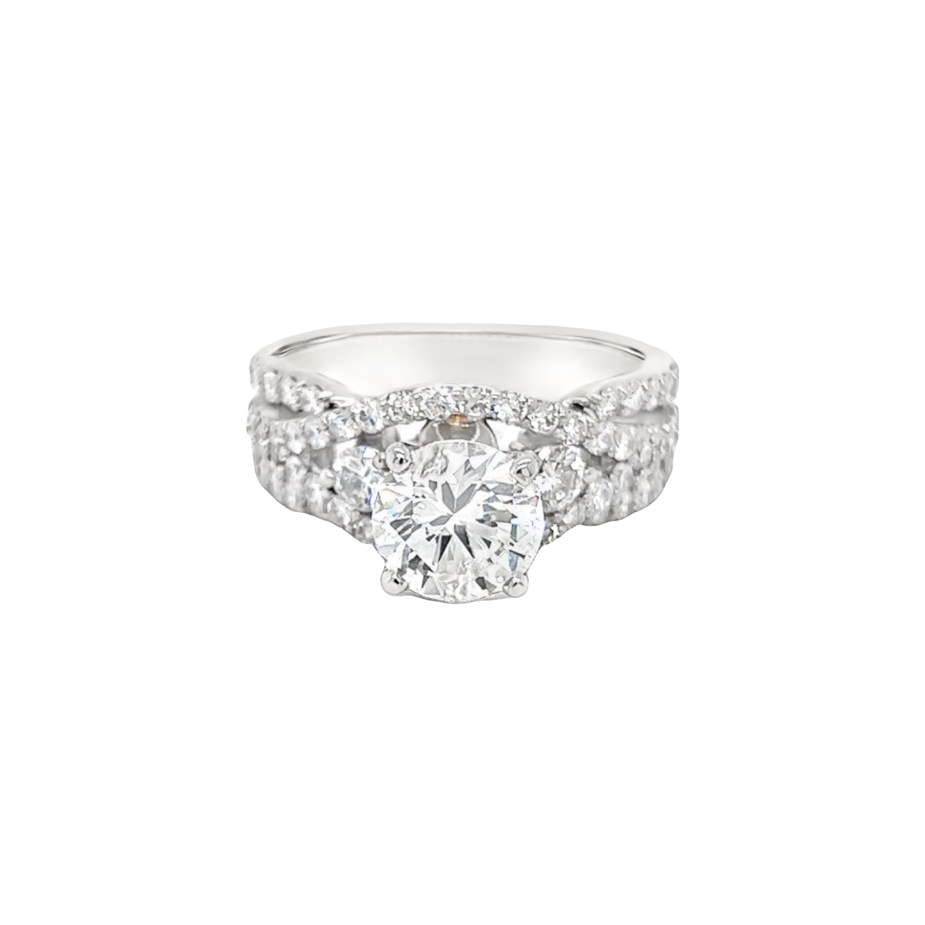 14 Karat white gold engagement ring with One 1.63ct Round Brilliant J SI1 Diamond  Set With  54=1.15tw Round Brilliant G VS Diamonds