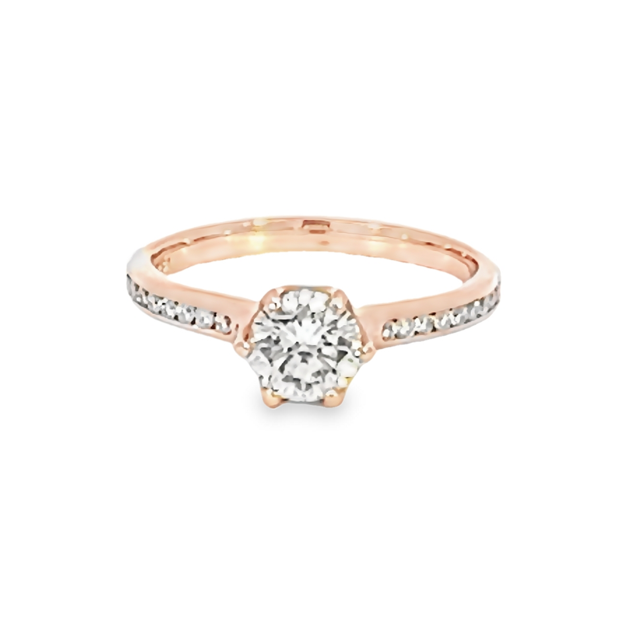 14 Karat rose gold ring one 0.60ct Round Brilliant J SI2 Diamond &  28=0.40tw Round Brilliant G SI Diamonds.