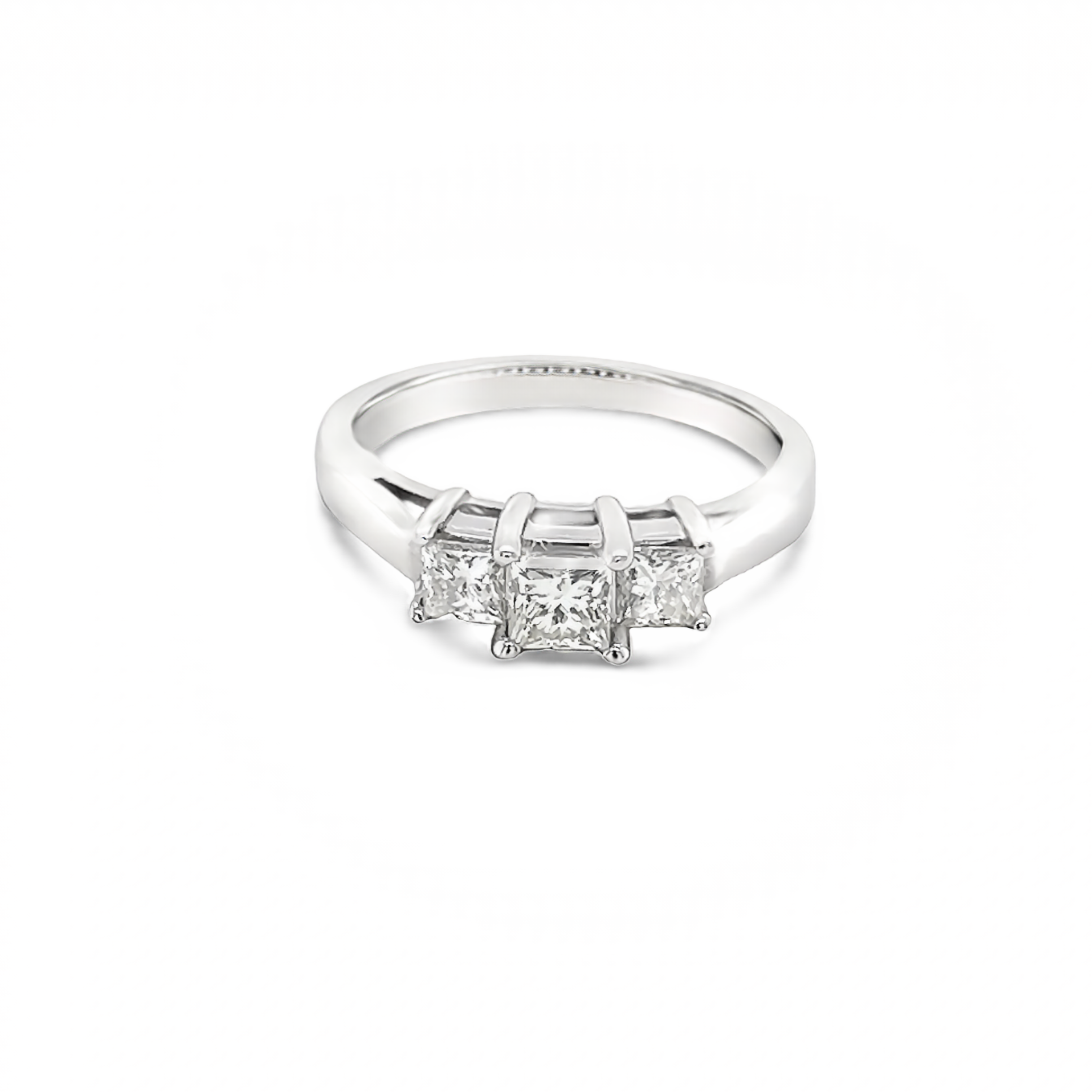 14 Karat white gold three stone engagement ring with 3=0.71tw princess J VS Diamonds