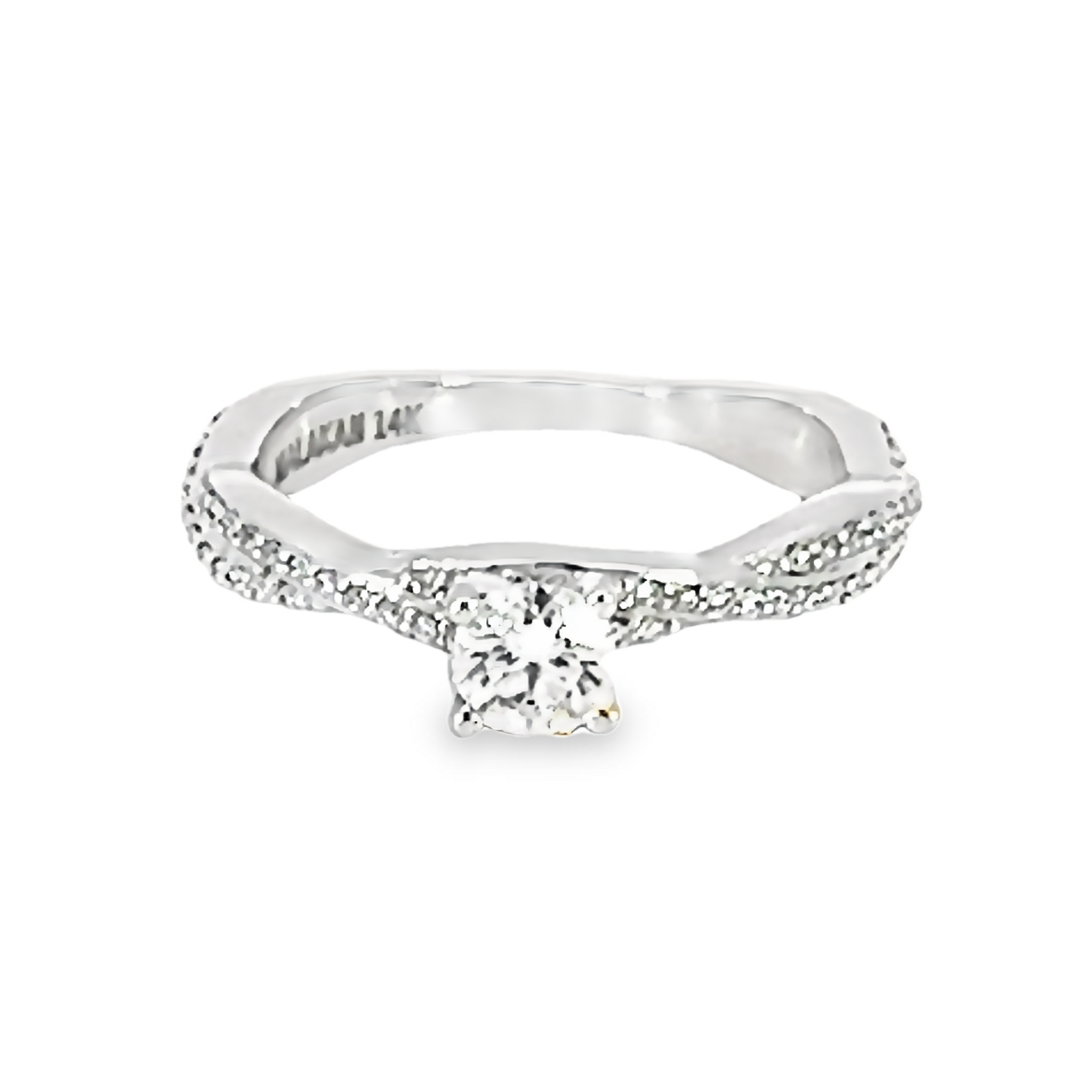 14 Karat white gold engagement ring with One 0.35Ct Round Brilliant G I2 Diamond and 56=0.15Tw round brilliant G Vs Diamonds