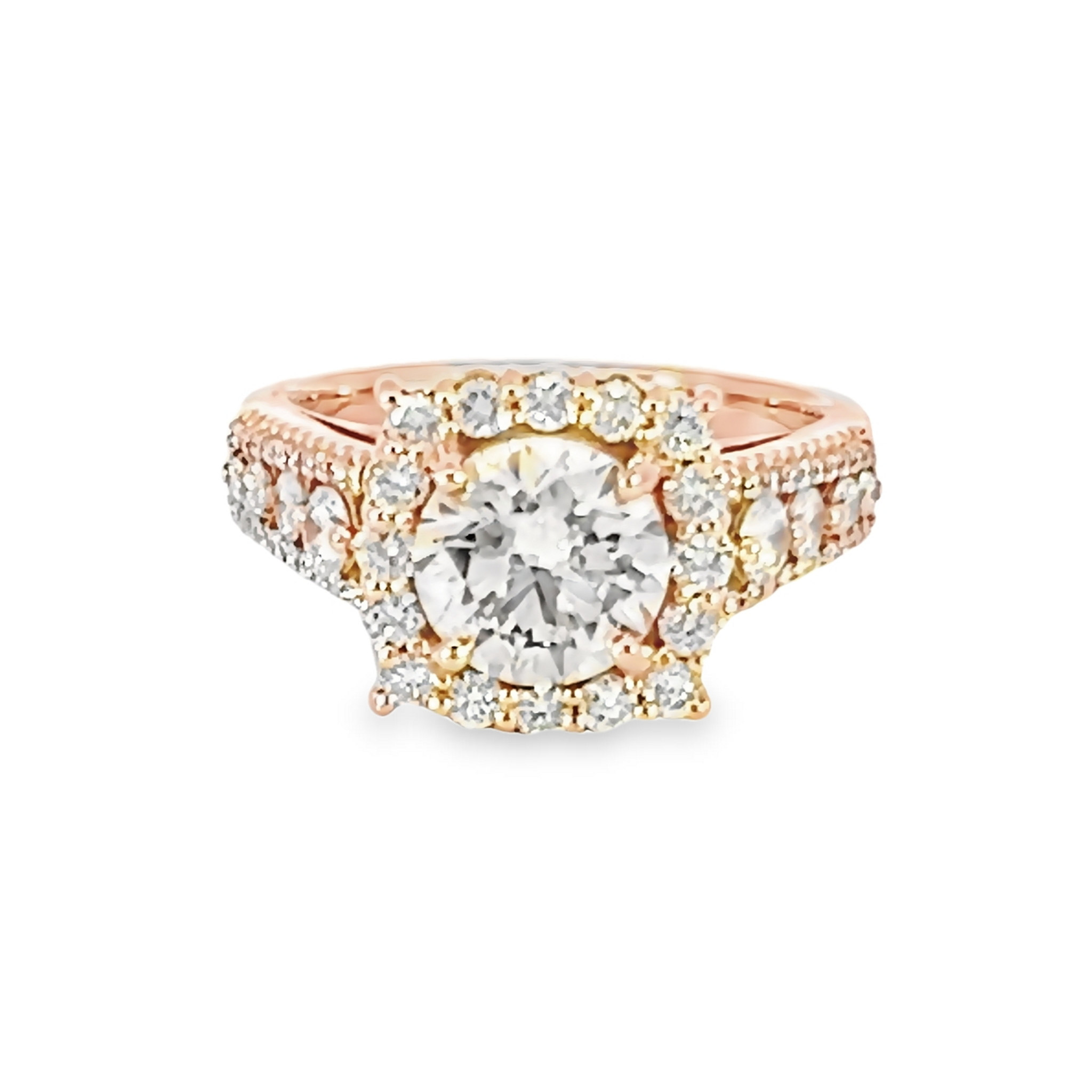 14 Karat rose gold engagement ring with One 1.72Ct Round Brilliant K VS1 Diamond and 64=0.85Tw Round Brilliant G Vs Diamonds