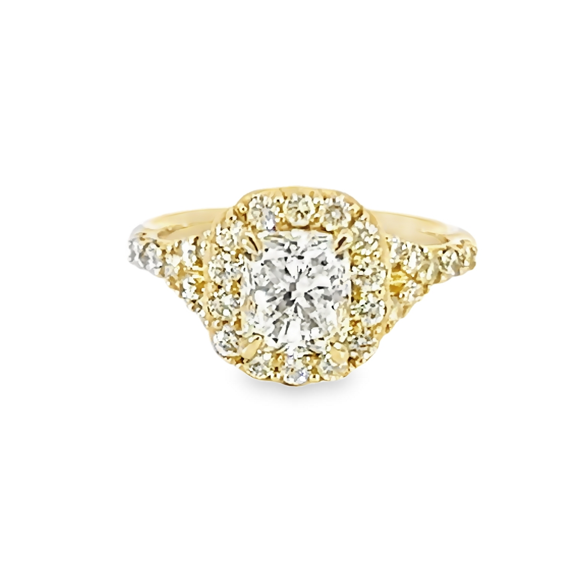 14 Karat yellow gold Engagement Ring With One 1.51Ct Cushion L VS1 Diamond and 28=0.74Tw Round Brilliant G Vs Diamonds