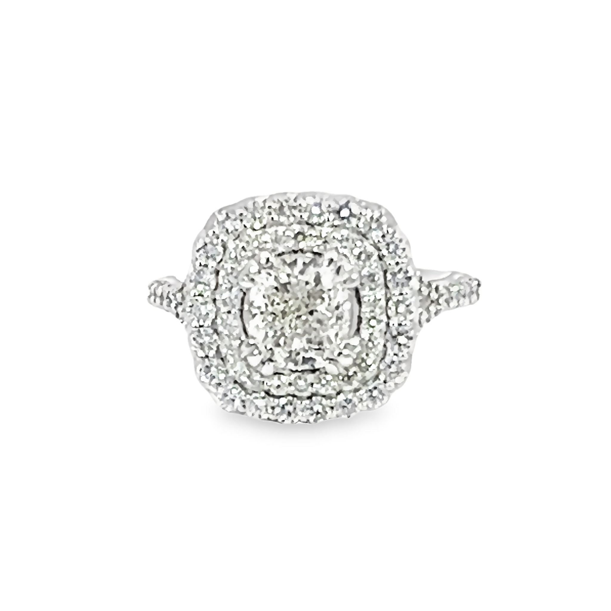 14 Karat white gold engagement ring With One 1.50Ct Cushion L SI2 Diamond And 63=0.83Tw Round Brilliant G VS Diamonds