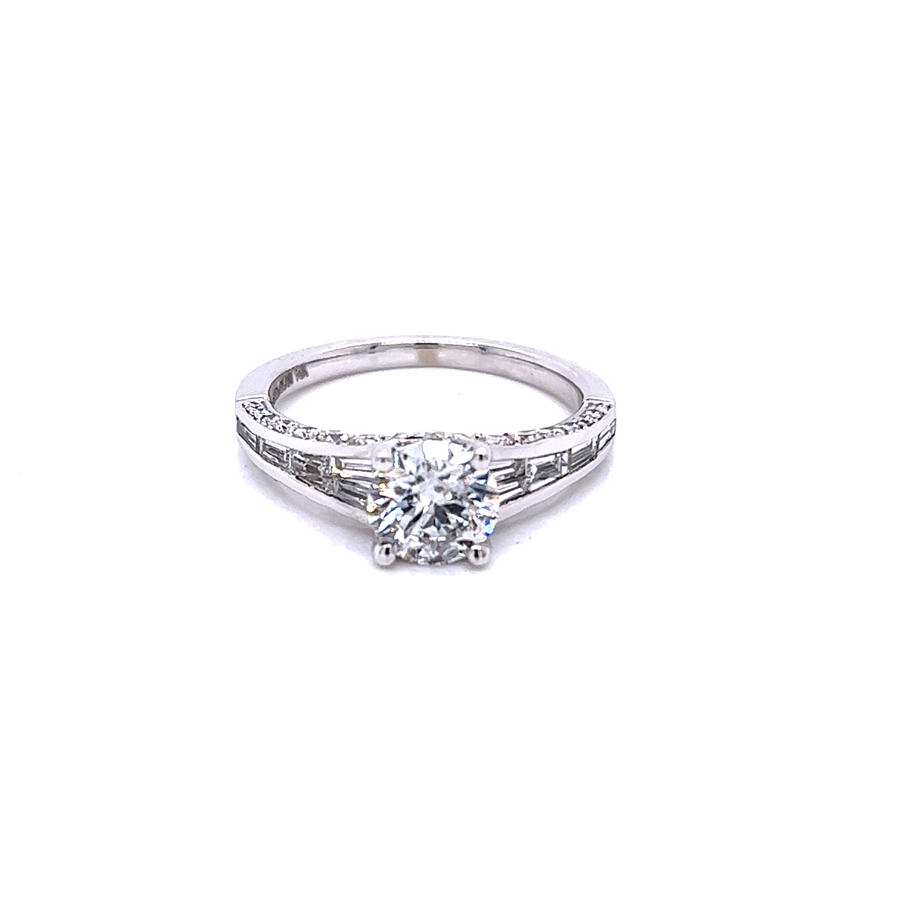 14 Karat white gold engagement ring Size 6.5 With One 1.06Ct Round Brilliant D I1 Diamond And 50=1.05Tw Various Shapes G I Diamonds