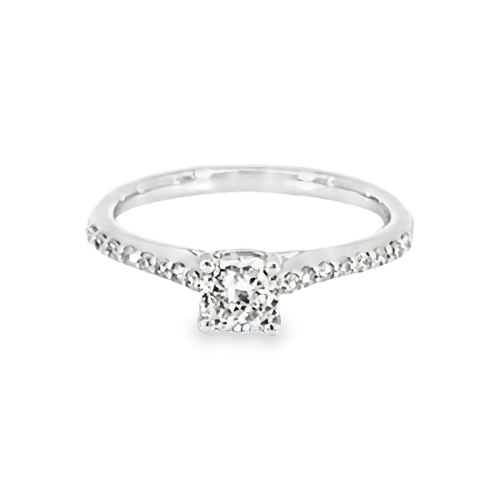 14 Karat White Gold Engagement Ring With One 0.56Ct Cushion H I2 Diamond And 16=0.16Tw Round Brilliant G SI1 Diamonds