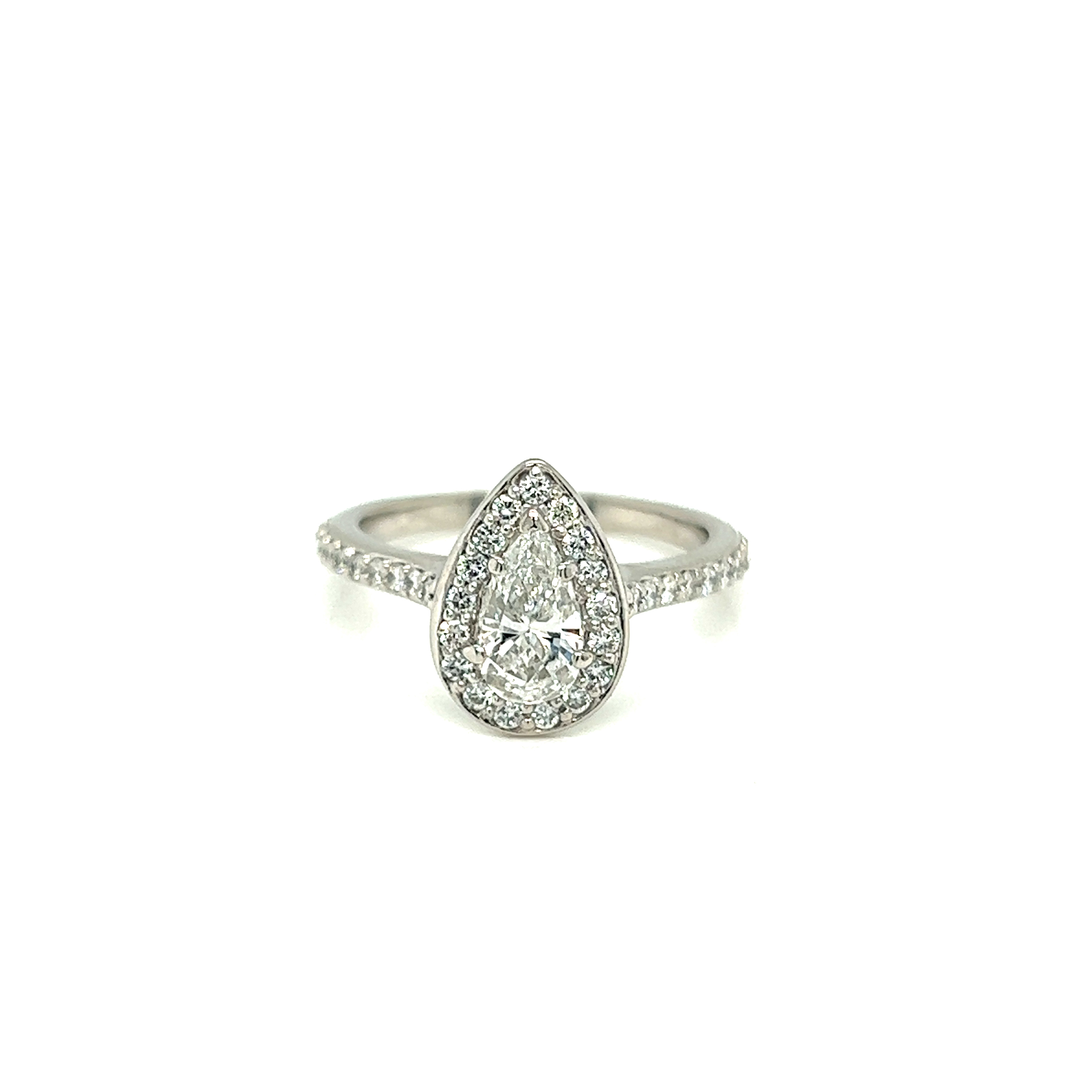 Platinum engagement ring with One 0.69ct pear H SI2 Diamond and  41=0.65tw Round Brilliant G VS Diamonds