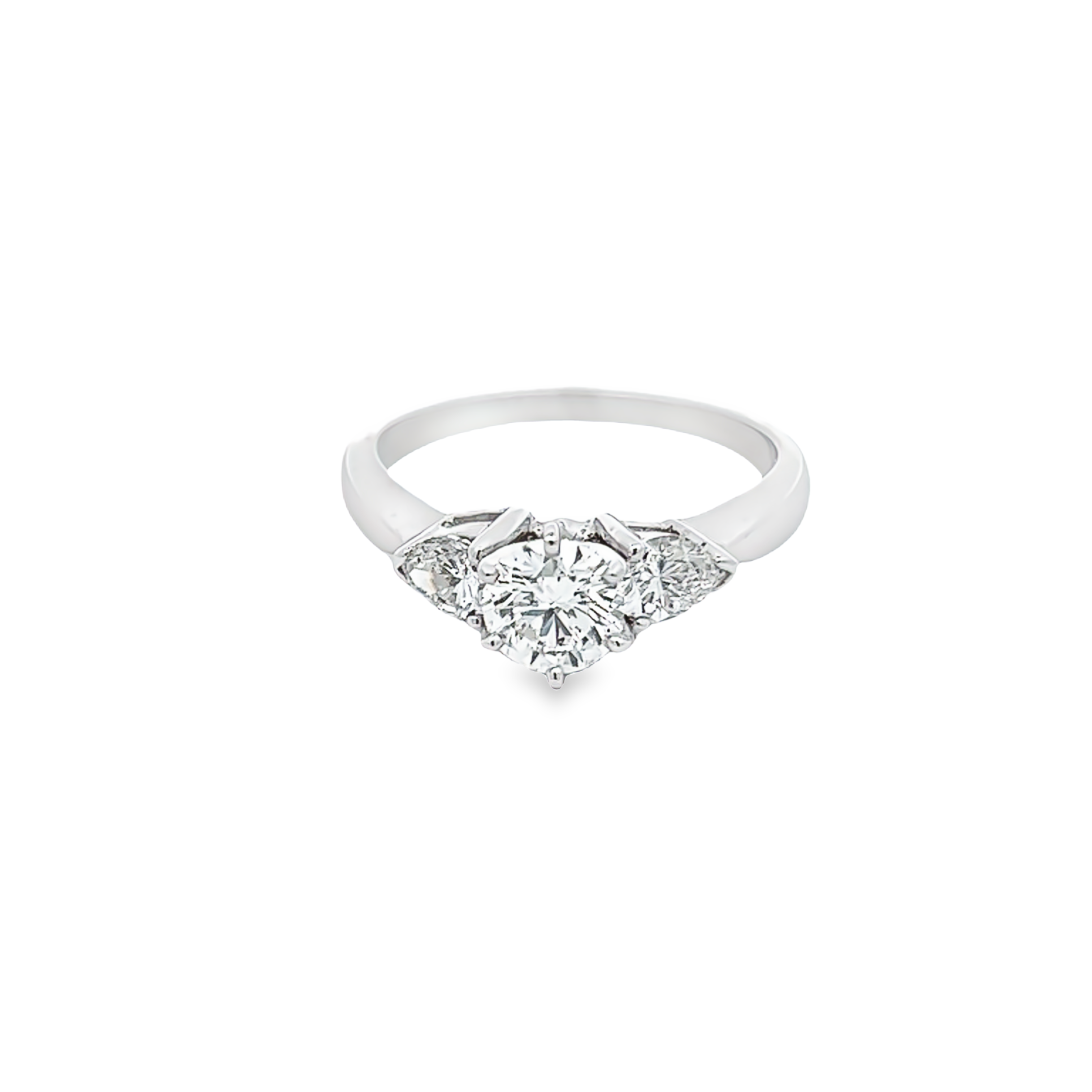 14 Karat white gold Ring with  one 0.66ct ROUND BRILLIANT CUT I SI2 Diamond and  2=0.50tw PEAR SHAPE G SI2 Diamonds
