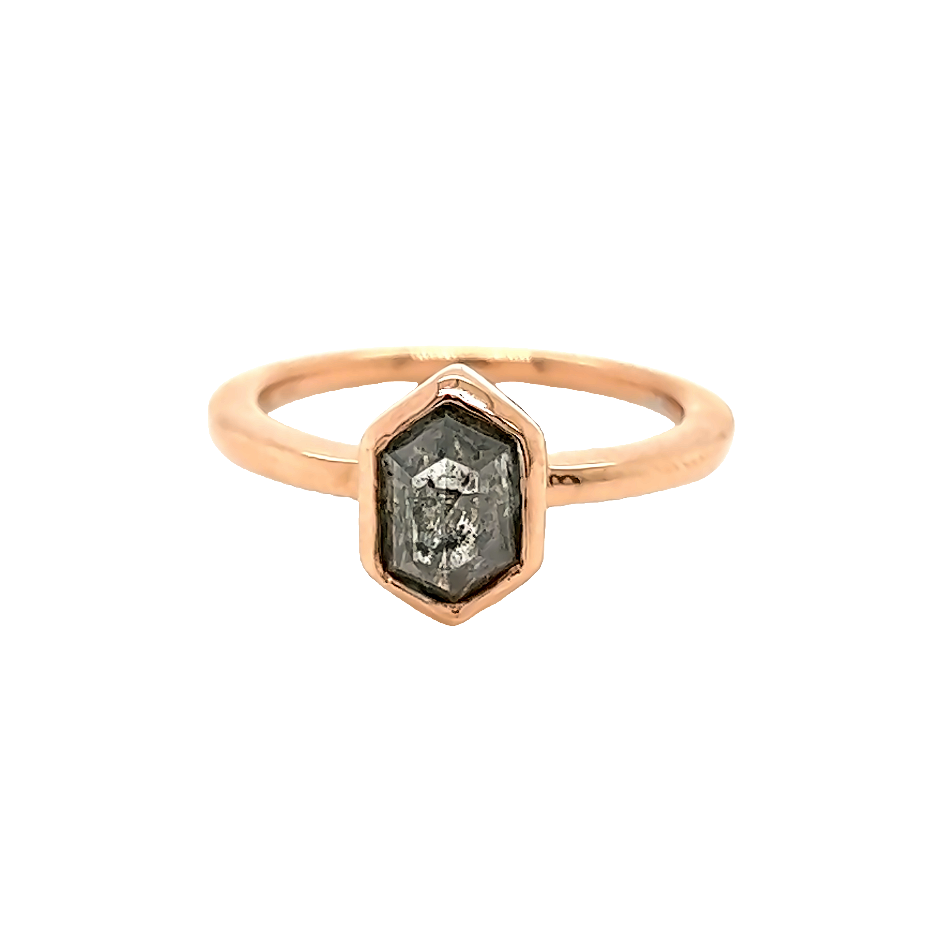 14 karat rose engagement ring with one 1.49 carat long hex salt and pepper Diamond.