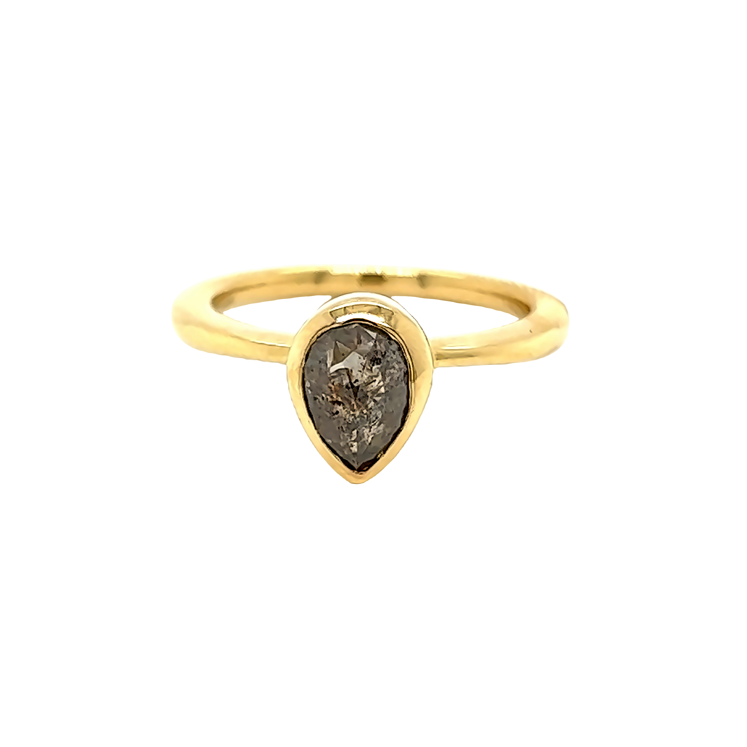 14 karat yellow gold engagement ring with one 1.46 carat pear salt and pepper Diamond.