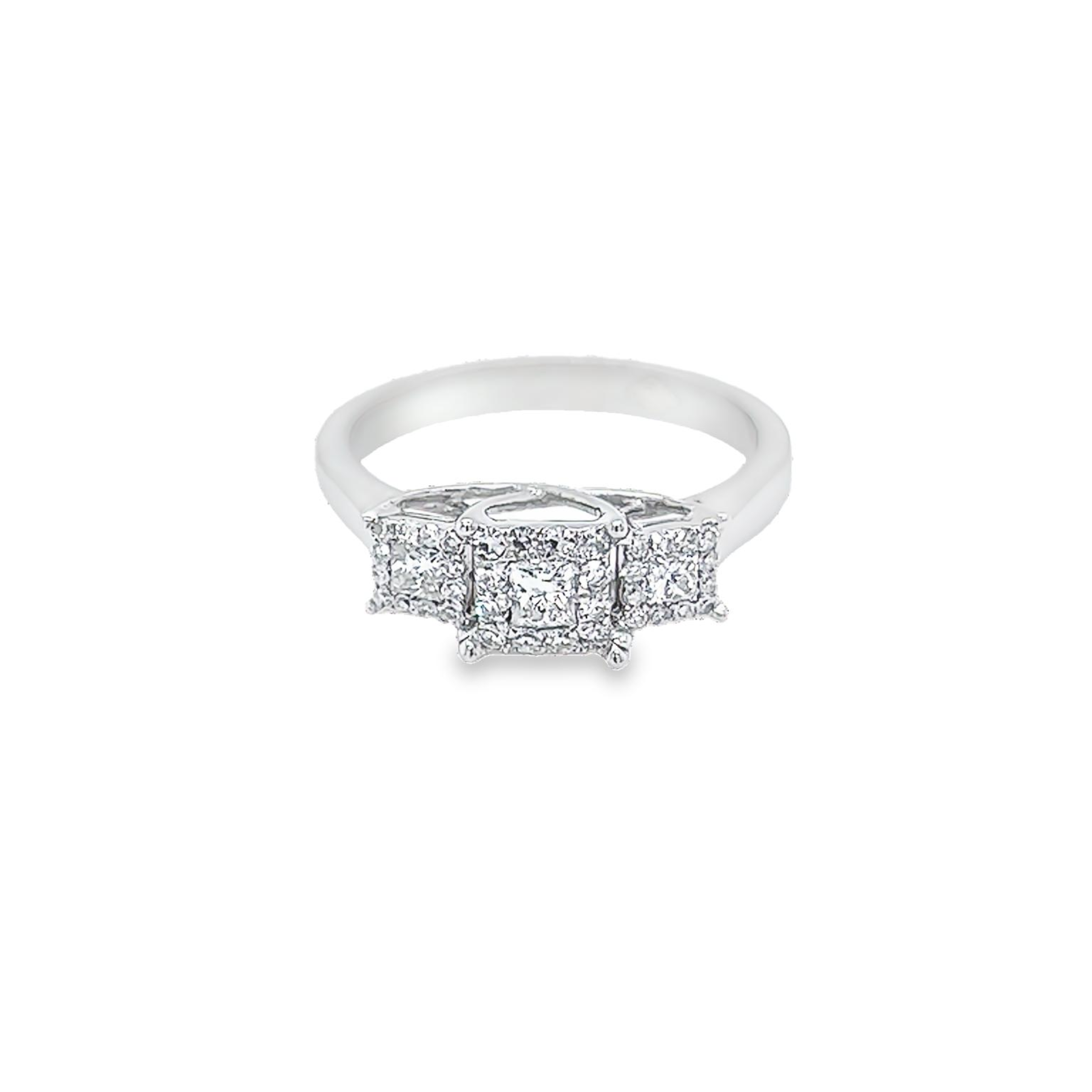 14 Karat white gold Ring With 3=0.25tw Princess G SI Diamonds and   36=0.50tw Single Cut G SI Diamonds in a triple cluster design.