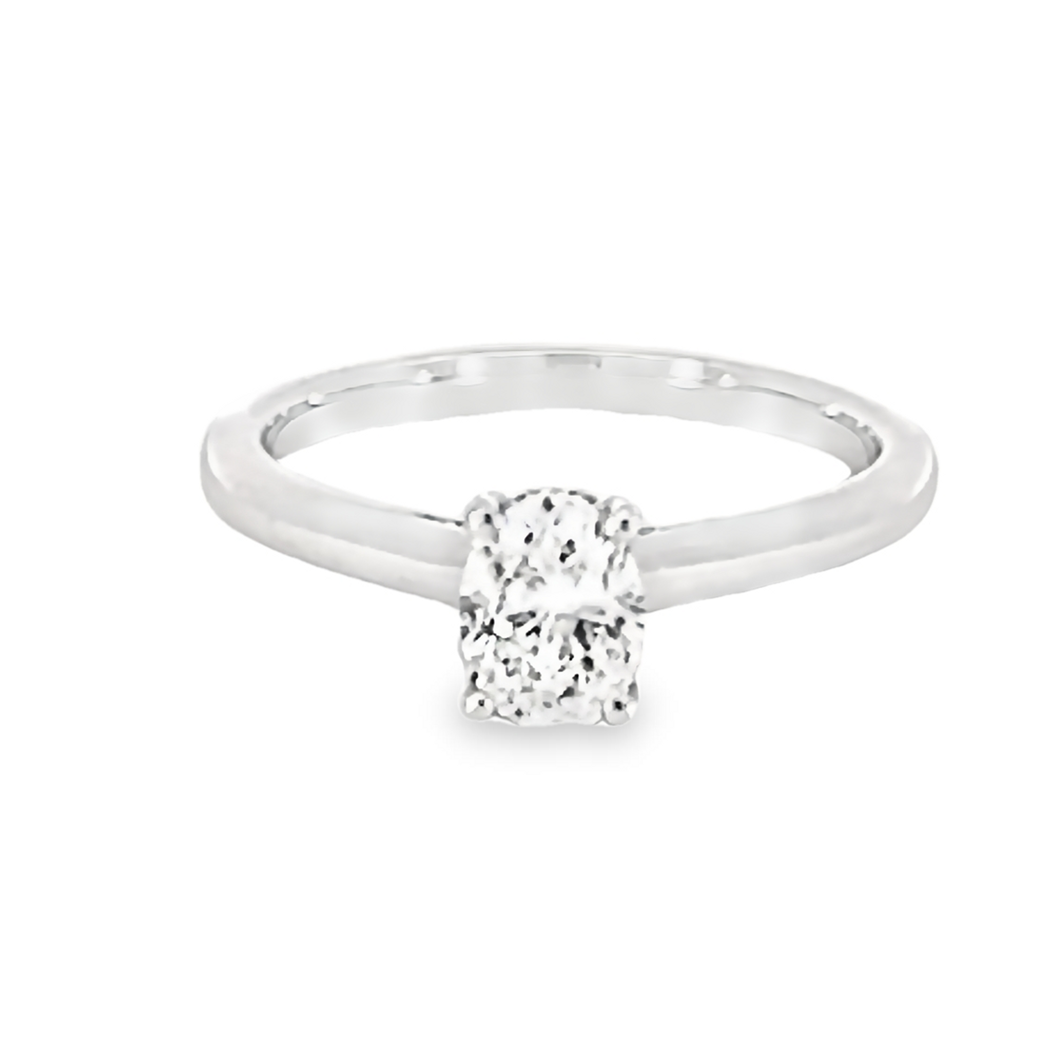 14 Karat white gold engagement ring with One 0.71Ct Oval K SI2 Diamond And 30=0.09 total weight Round Brilliant G SI Diamonds