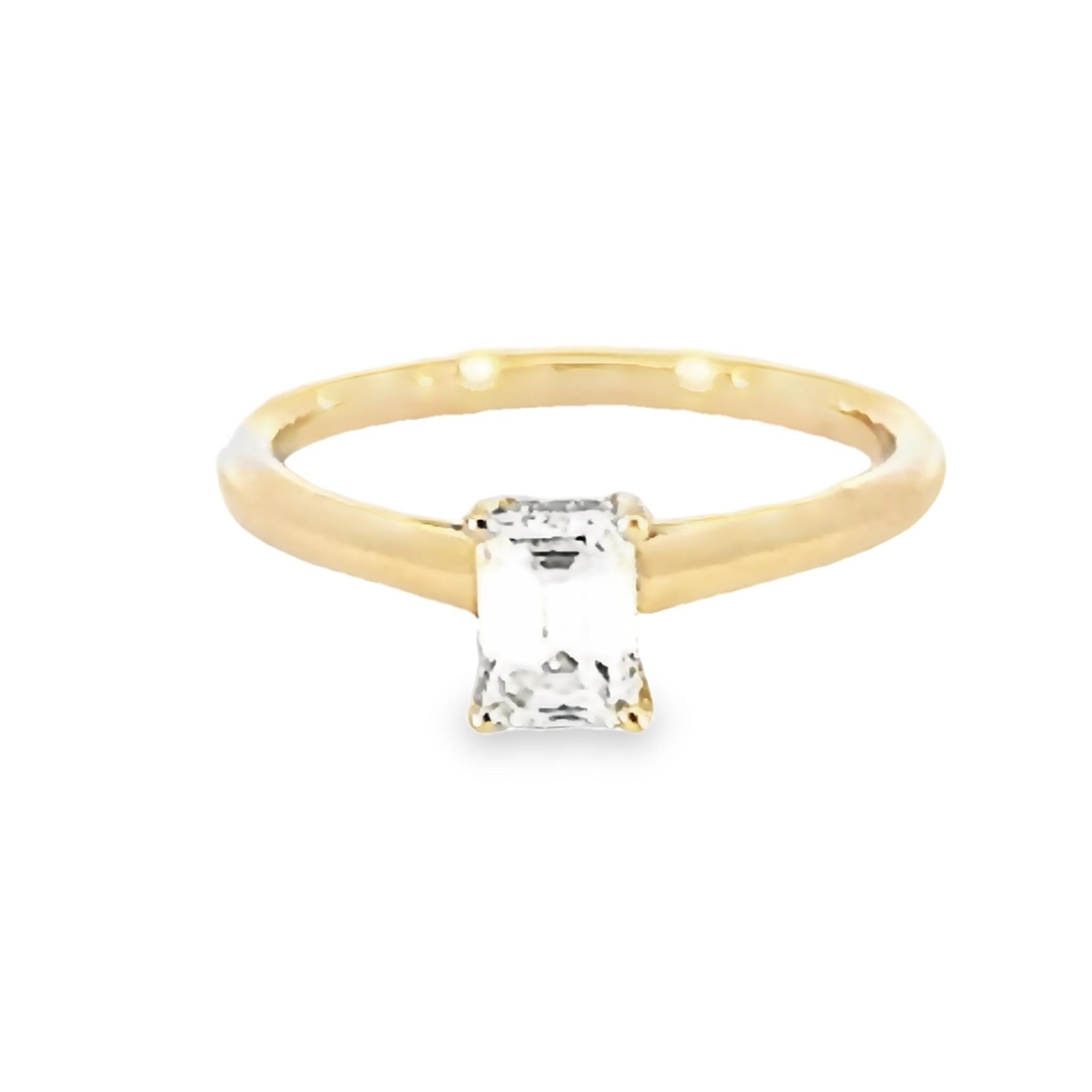 14 Karat yellow gold engagement ring with One 0.70Ct Emerald L VS1 Diamond And 30=0.06Total weight Round Brilliant G SI Diamonds