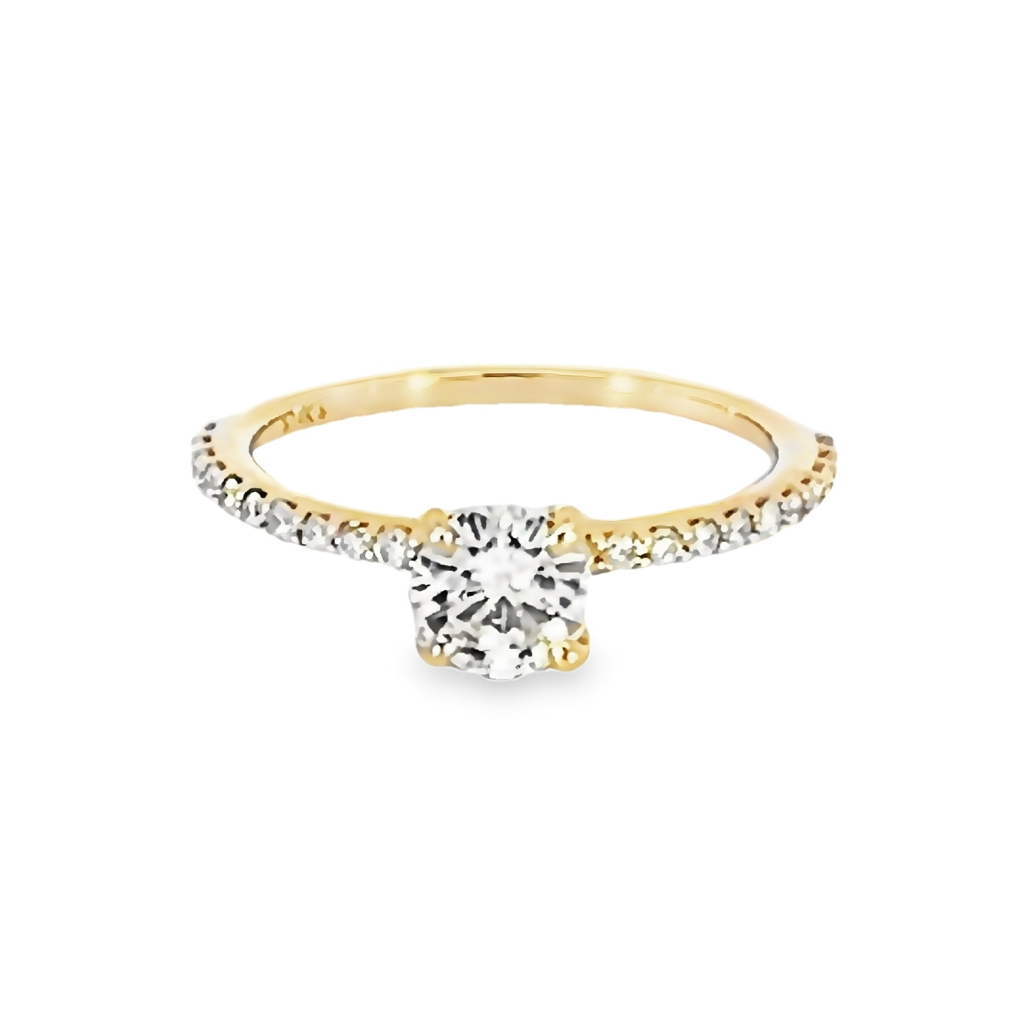 14 Karat yellow gold engagement ring with One 0.62ct round brilliant H VS2 Diamond and   22=0.33 total weight round brilliant G VS Diamonds. Size 7