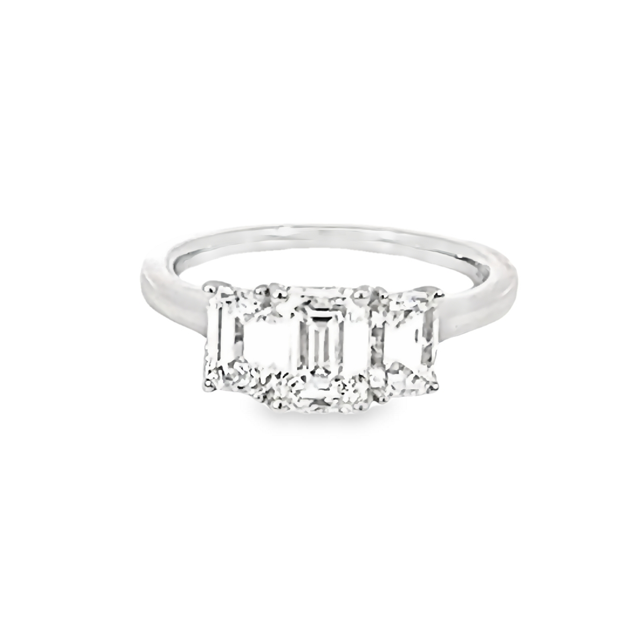 14 karat white gold three stone engagement ring with 3=2.00 total weight Emerald I VS Diamonds