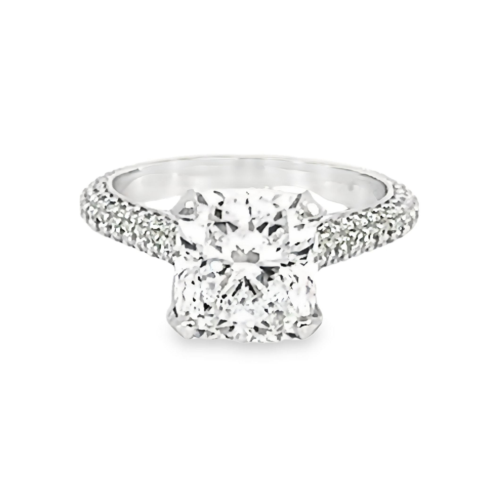 14 Karat white gold engagement ring. One 3.02 carat cushion E SI2 Diamond (GIA 2185808980) and 100=0.84 total weight round brilliant G VS Diamonds.