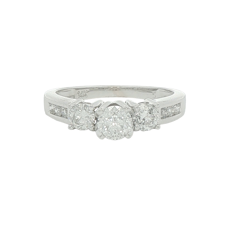 Lady's White 14 Karat 3 Stone Plus Engagement Ring Size 6.75 Weight 2.4 With 9 = 1.00twt Round G Si Diamonds