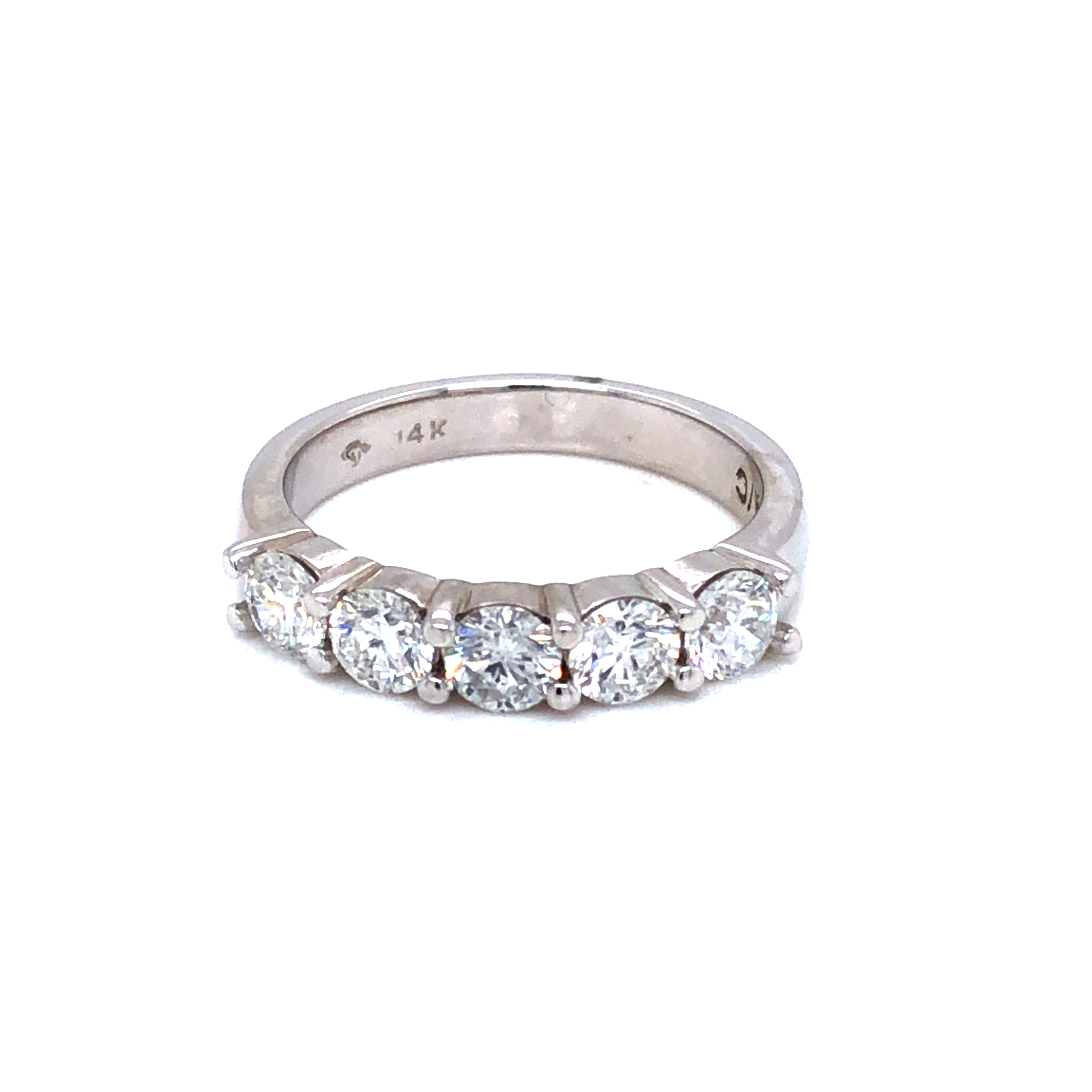 14 Karat white gold wedding band Size 6.5 with 5=1.23TW round brilliant G SI Diamonds