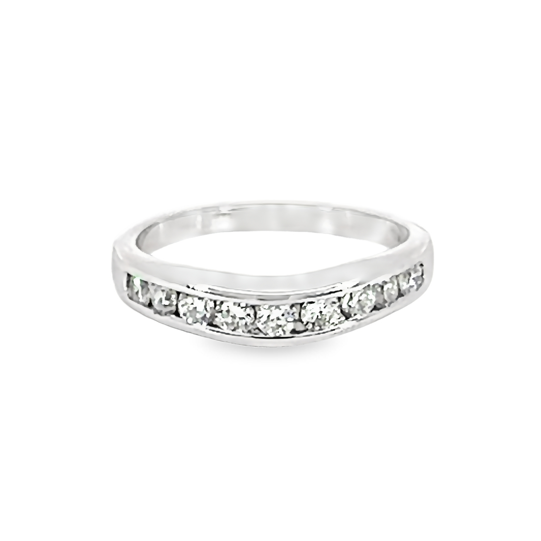 14 Karat white gold curved wedding band with 9=0.50tw channel set round brilliant G SI Diamonds