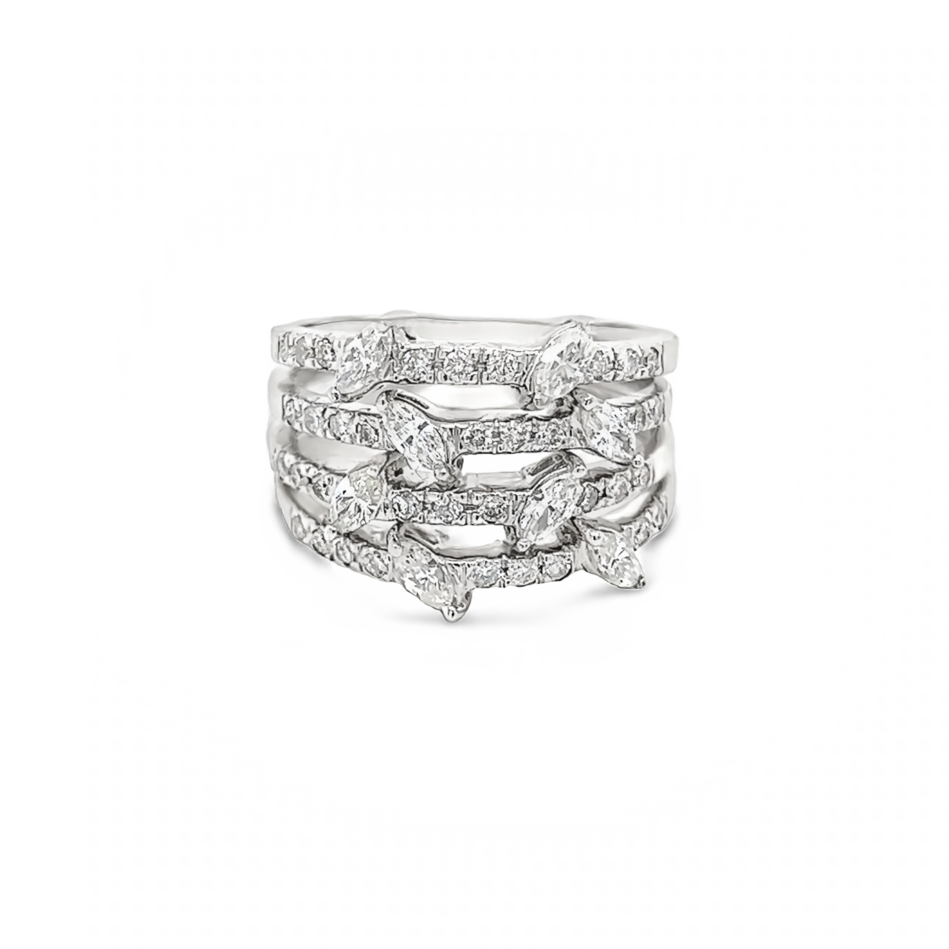 14 Karat whote gold statement wedding band with 44=1.00 total weight round brilliant and marquise cut Diamonds