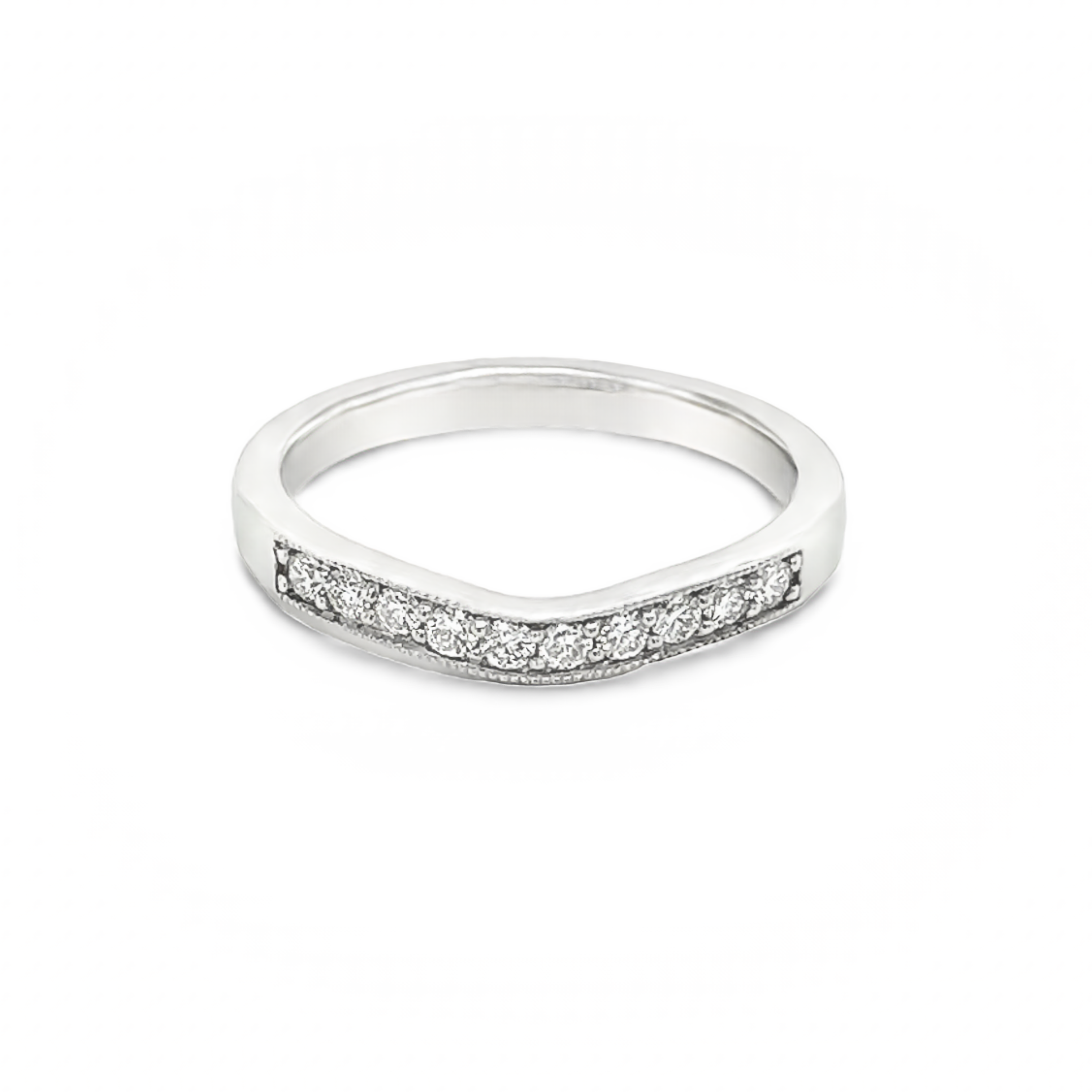 14 Karat white gold curved wedding band with 10=0.21Tw Round Brilliant G Vs Diamonds