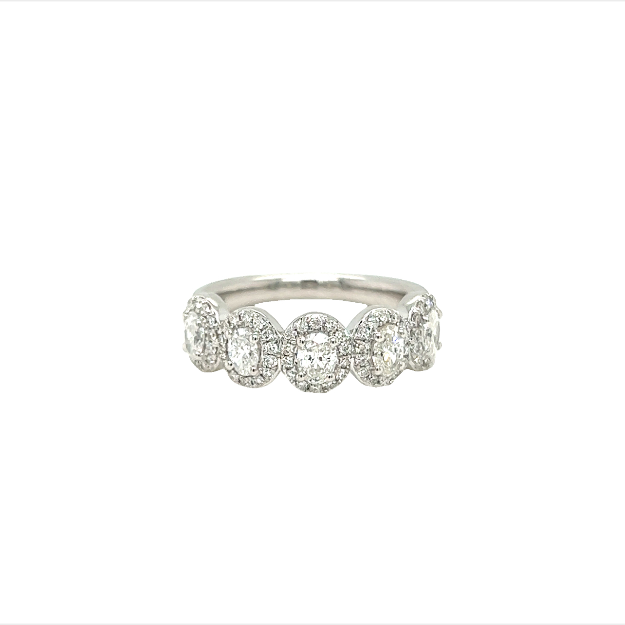 14 Karat white gold oval halo wedding band Size 6.5 With 75=1.03Tw Various Shapes G Vs Diamonds