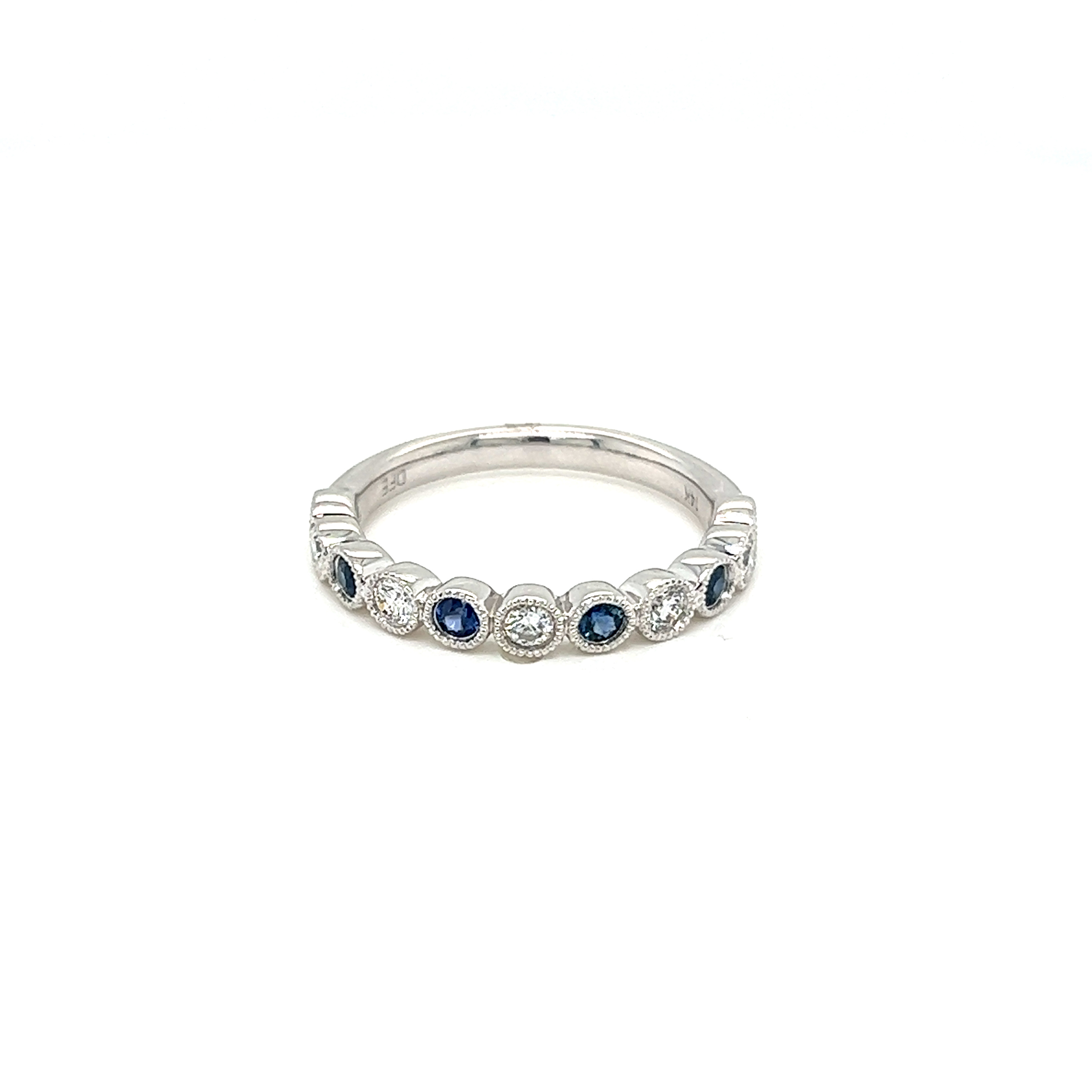 14 Karat white gold bezel set diamond and sapphire Wedding Band with 5=0.23tw Round Brilliant G VS Diamonds  6=0.42tw Round Sapphires