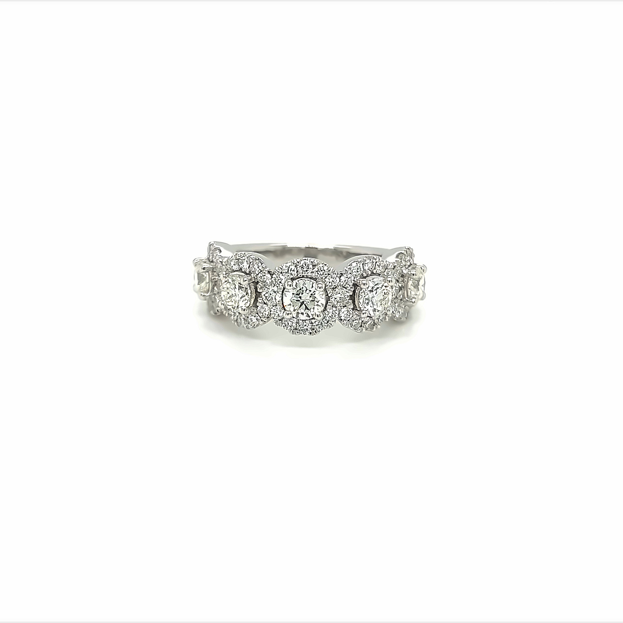 14 Karat white gold wedding band with 60=2.00tw Round Brilliant G VS Diamonds