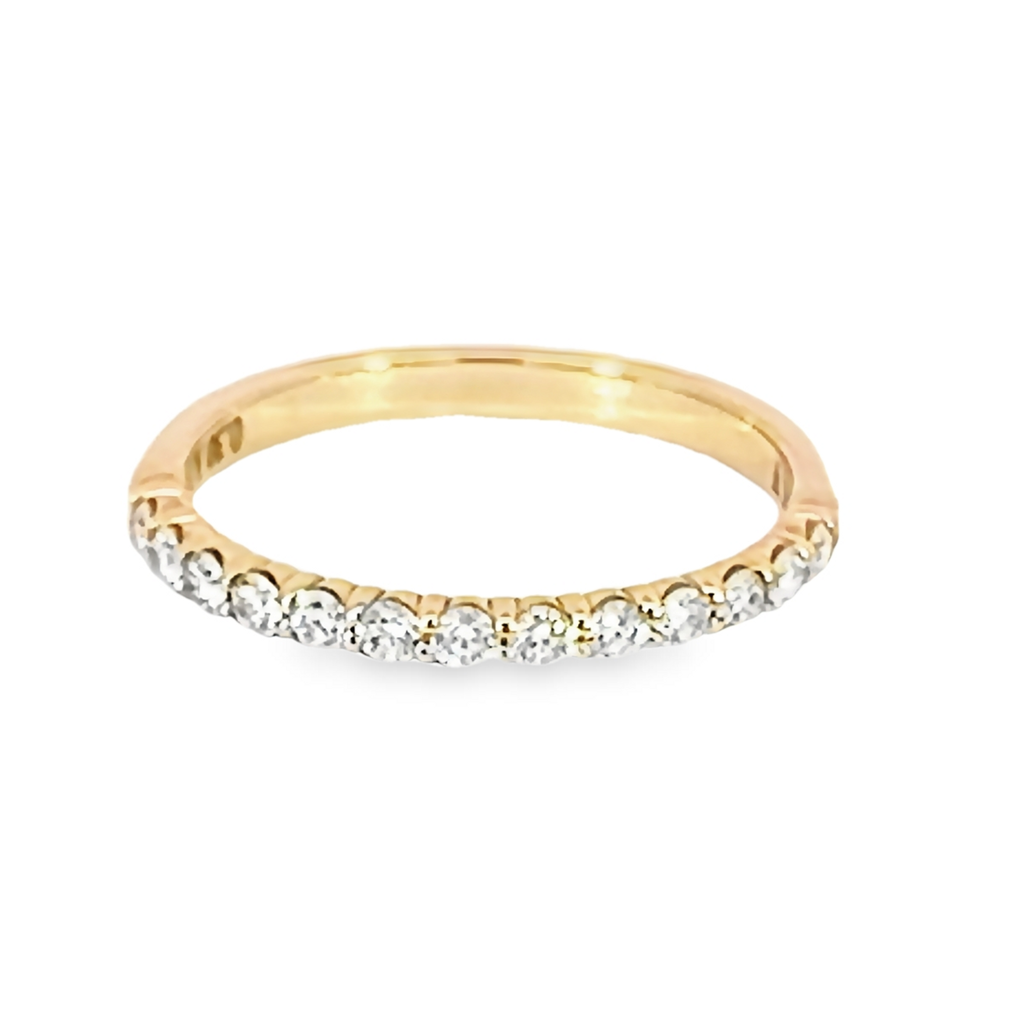 14 karat yellow gold wedding band with 13=0.30tw round brilliant G VS Diamonds. Size 6.5