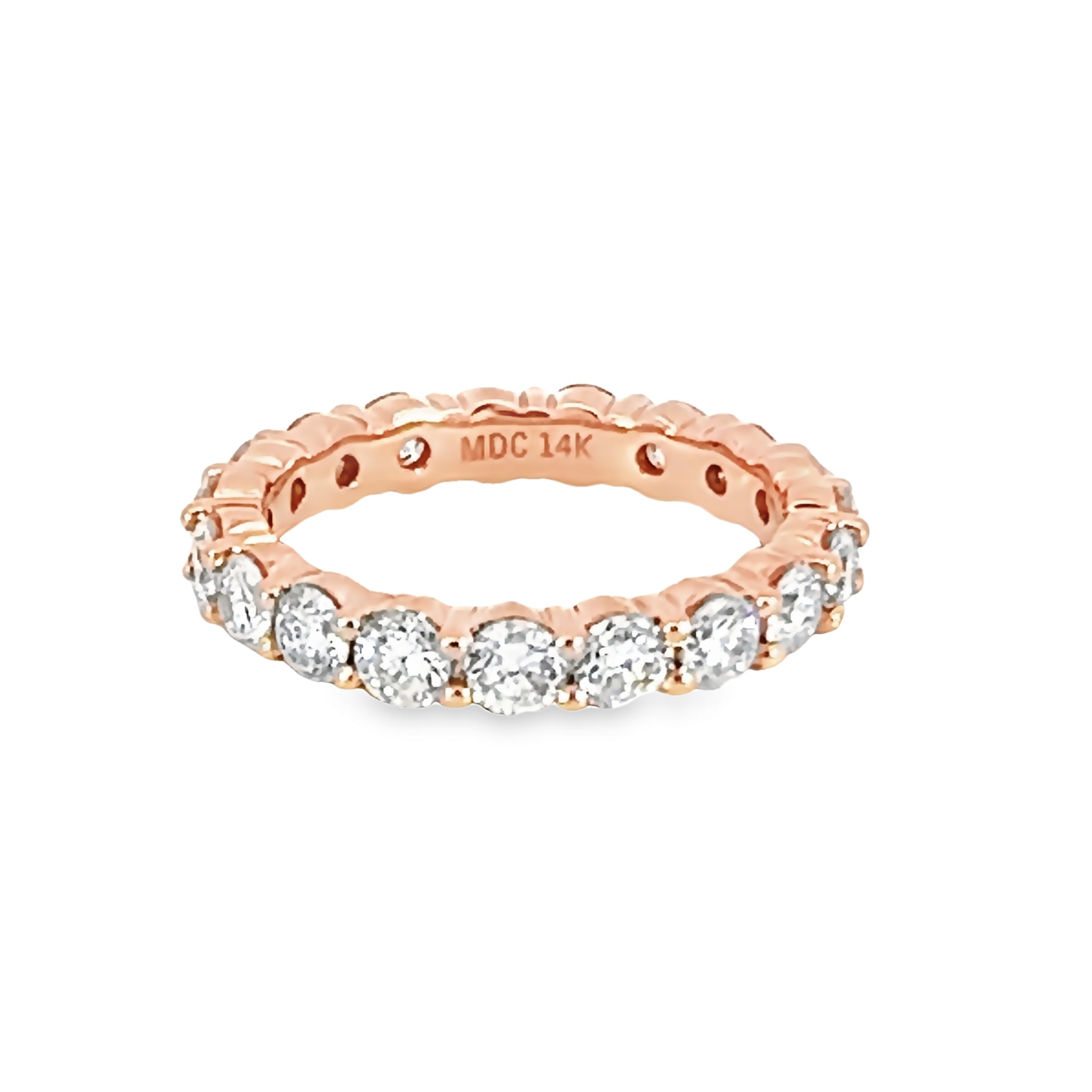 14 Karat rose gold eternity wedding band with 19=2.61 total weight Round Brilliant G SI Diamonds