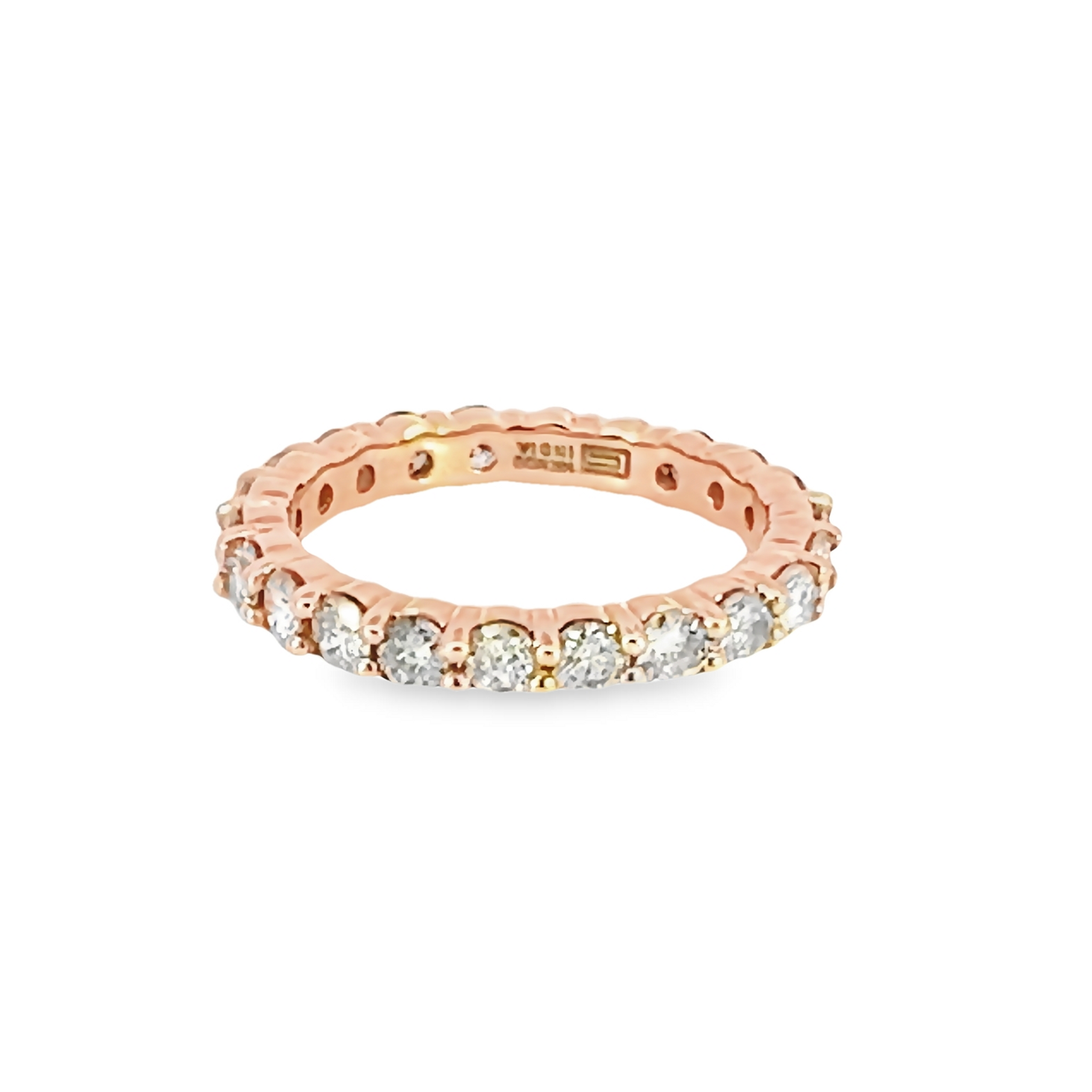 14 Karat rose gold eternity wedding band with 22=2.00tw Round Brilliant J SI Diamonds