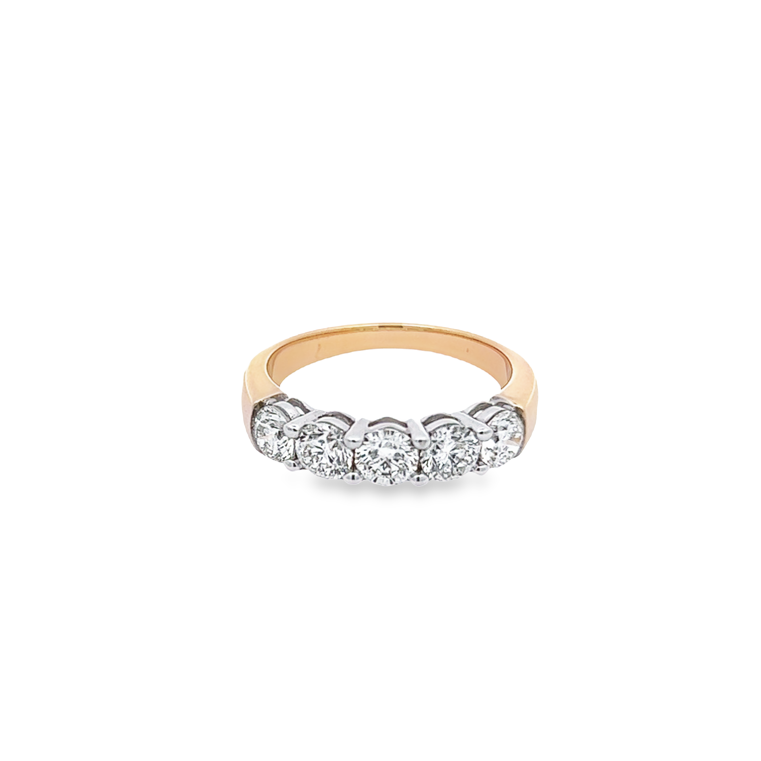 14 Karat yellow gold wedding band Size 6.5 with 5=1.50 total weight round brilliant G VS Diamonds set in 14 karat white gold.
