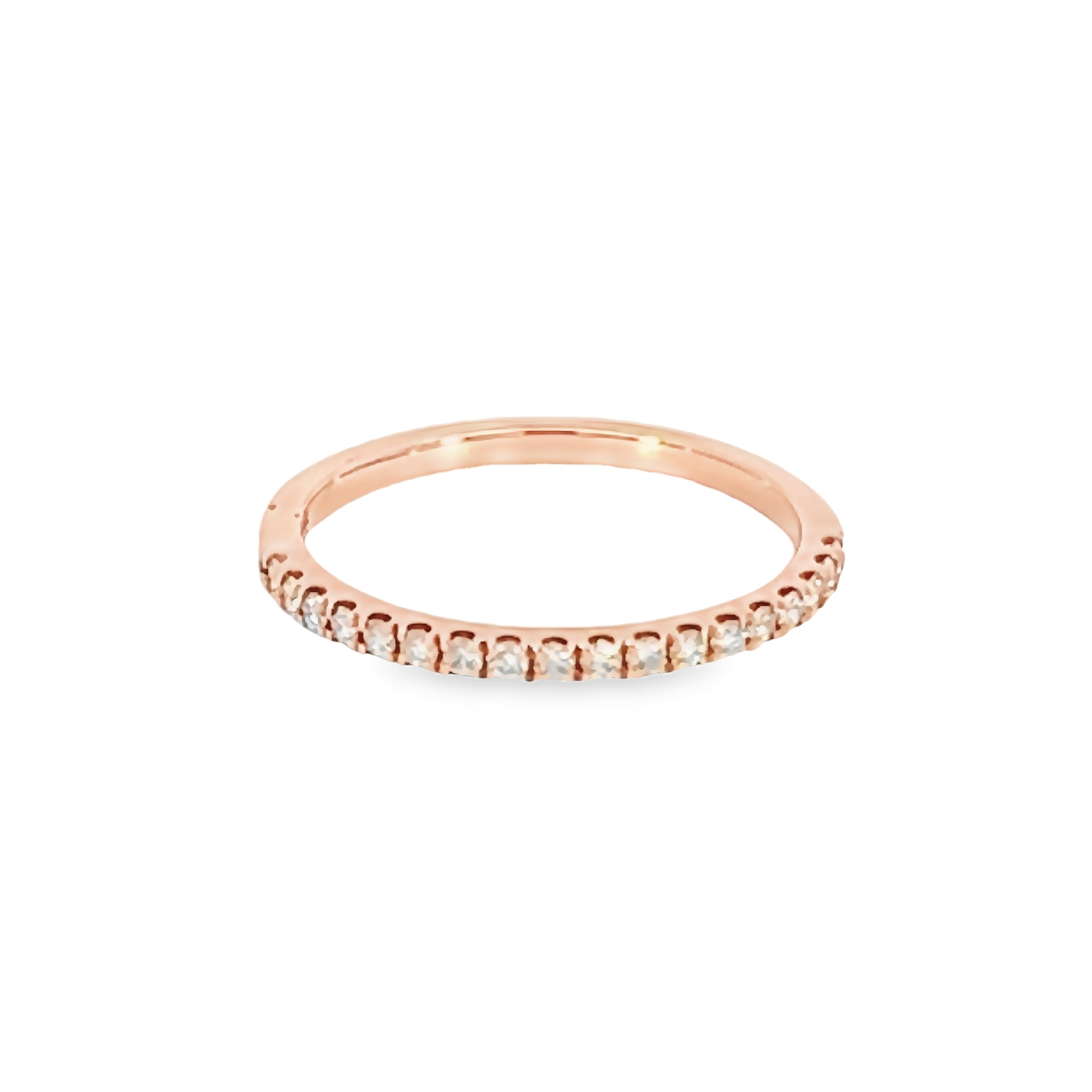 14 Karat rose gold wedding band Size 6.5 with 18=0.20 total weight round brilliant G VS Diamonds