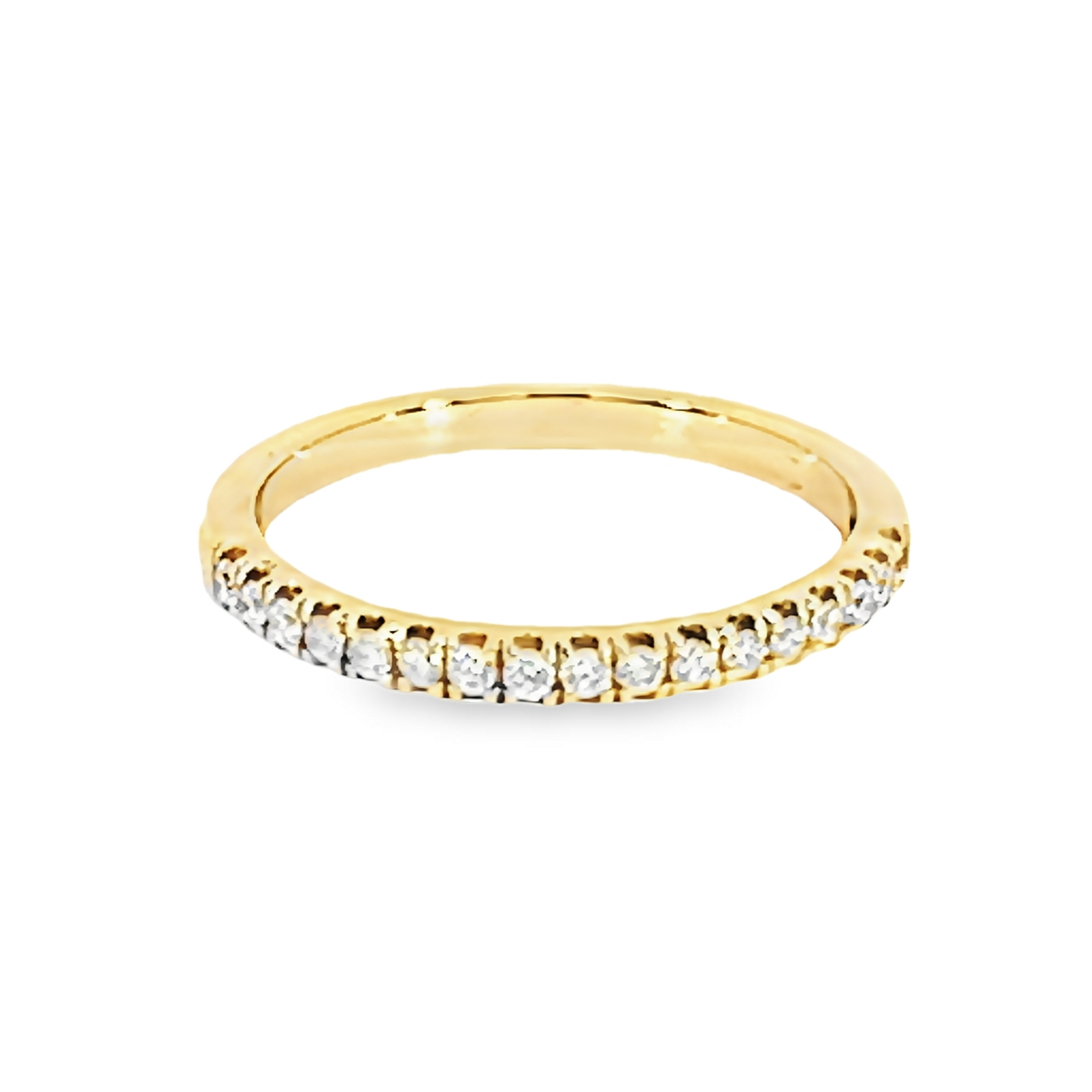 14 Karat yellow gold wedding band Size 6.5 with 17=0.20 total weight round brilliant G VS Diamonds