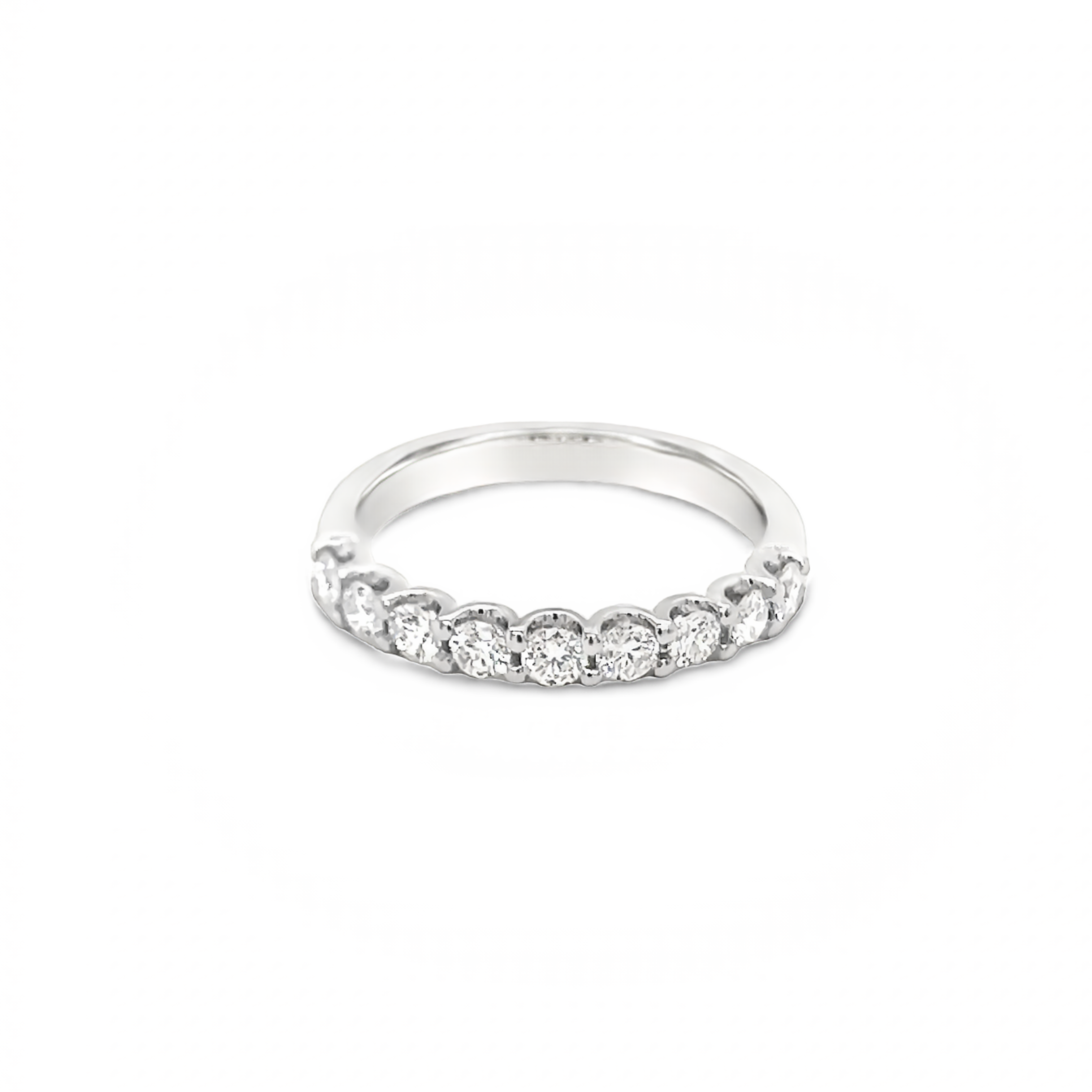 14 karat white gold band size with 9=0.65 total weight round brilliant GVS Diamonds. Size 6.5