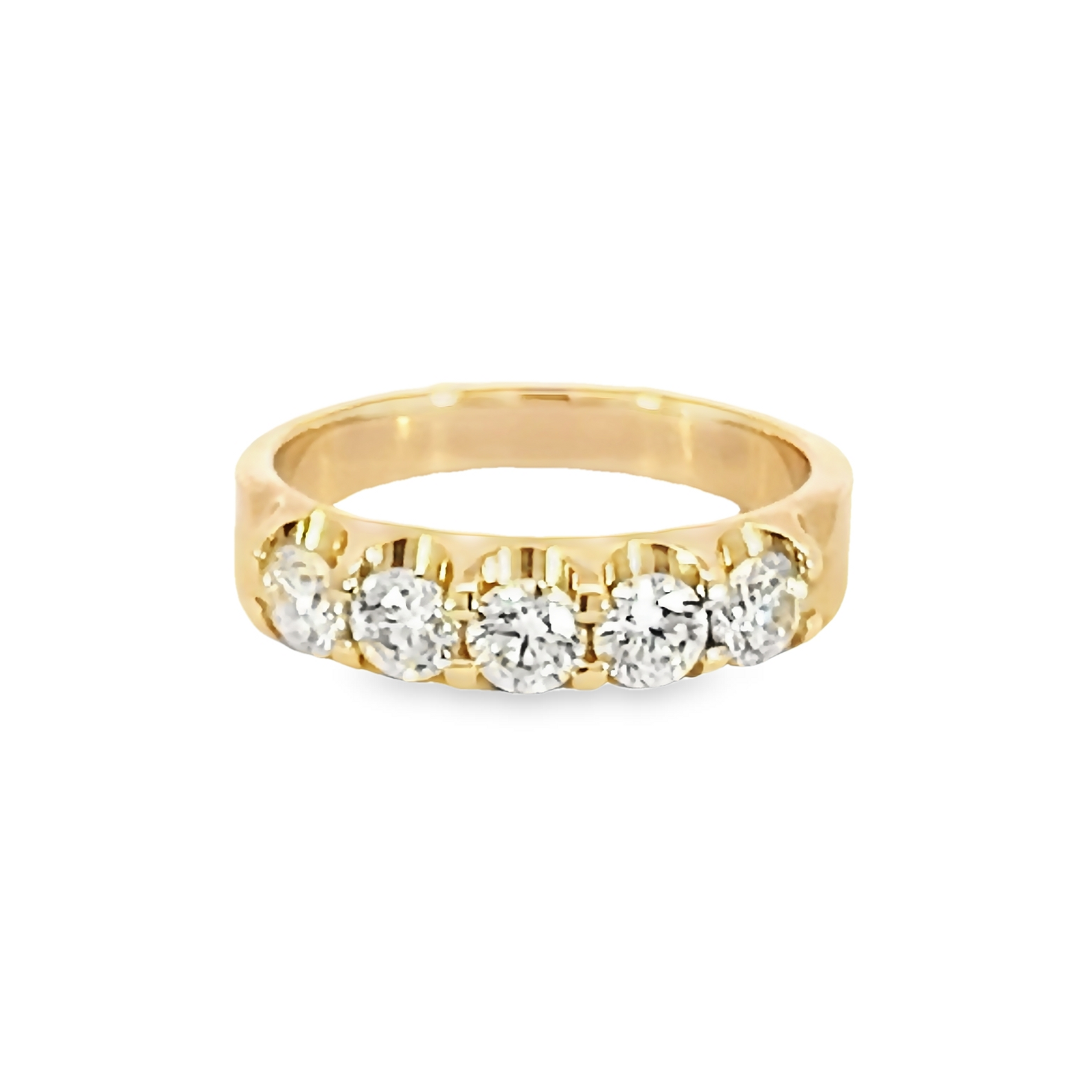 14 Karat yellow gold wedding band Size 6.5 with 5=1.00 total weight round brilliant G VS Diamonds