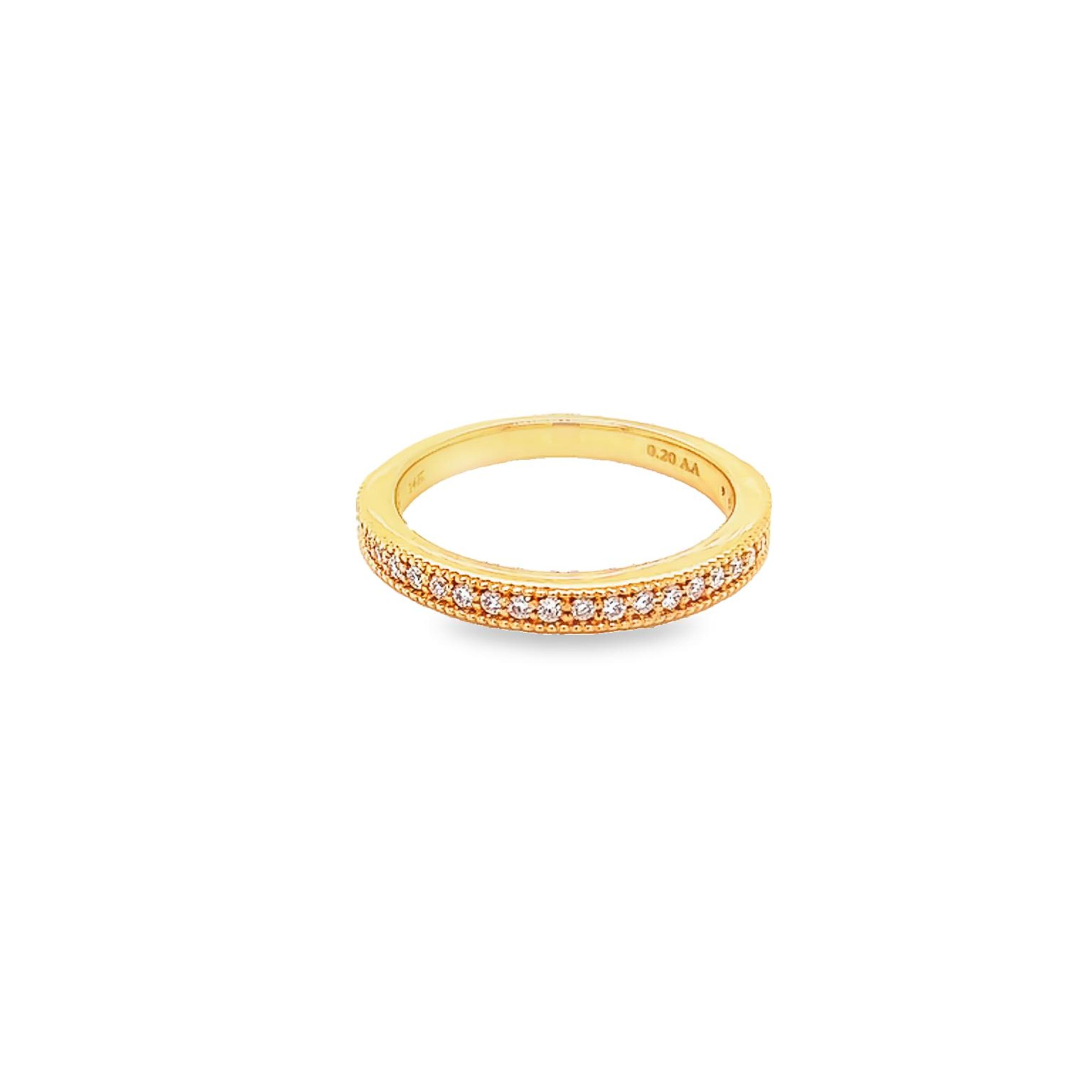 14 Karat yellow gold wedding band with milgrain with 25=0.20 total weight round brilliant G VS Diamonds. Size 6.5