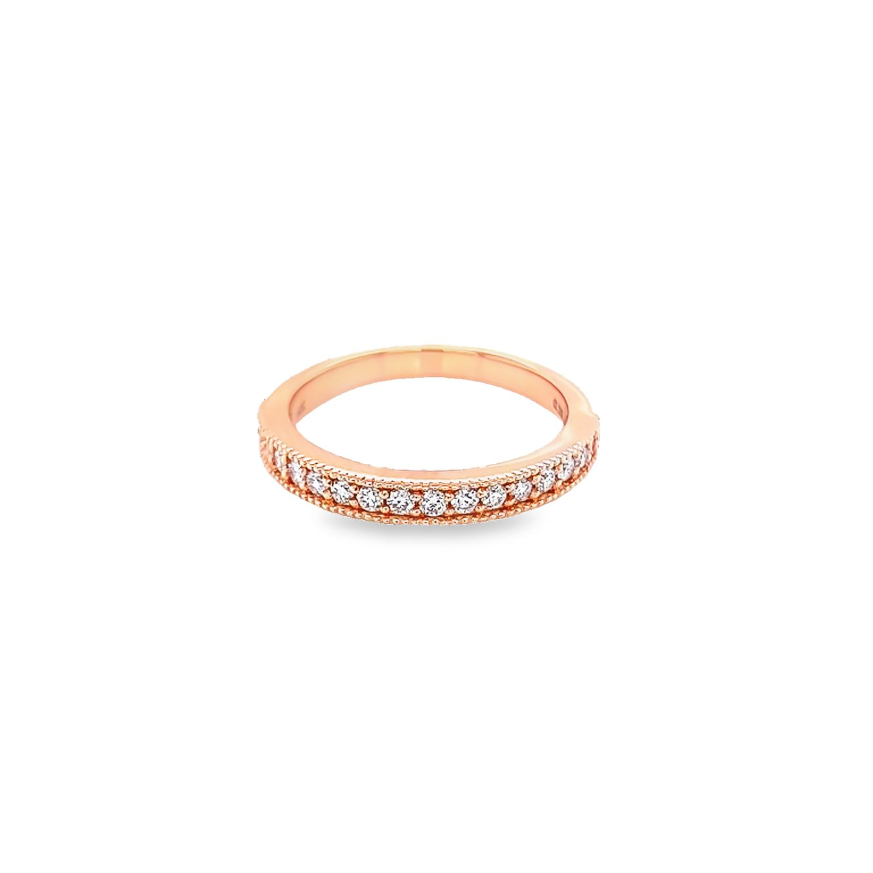14 Karat rose gold wedding band with milgrain Size 6.5 with 16=0.30 total weight round brilliant G VS Diamonds
