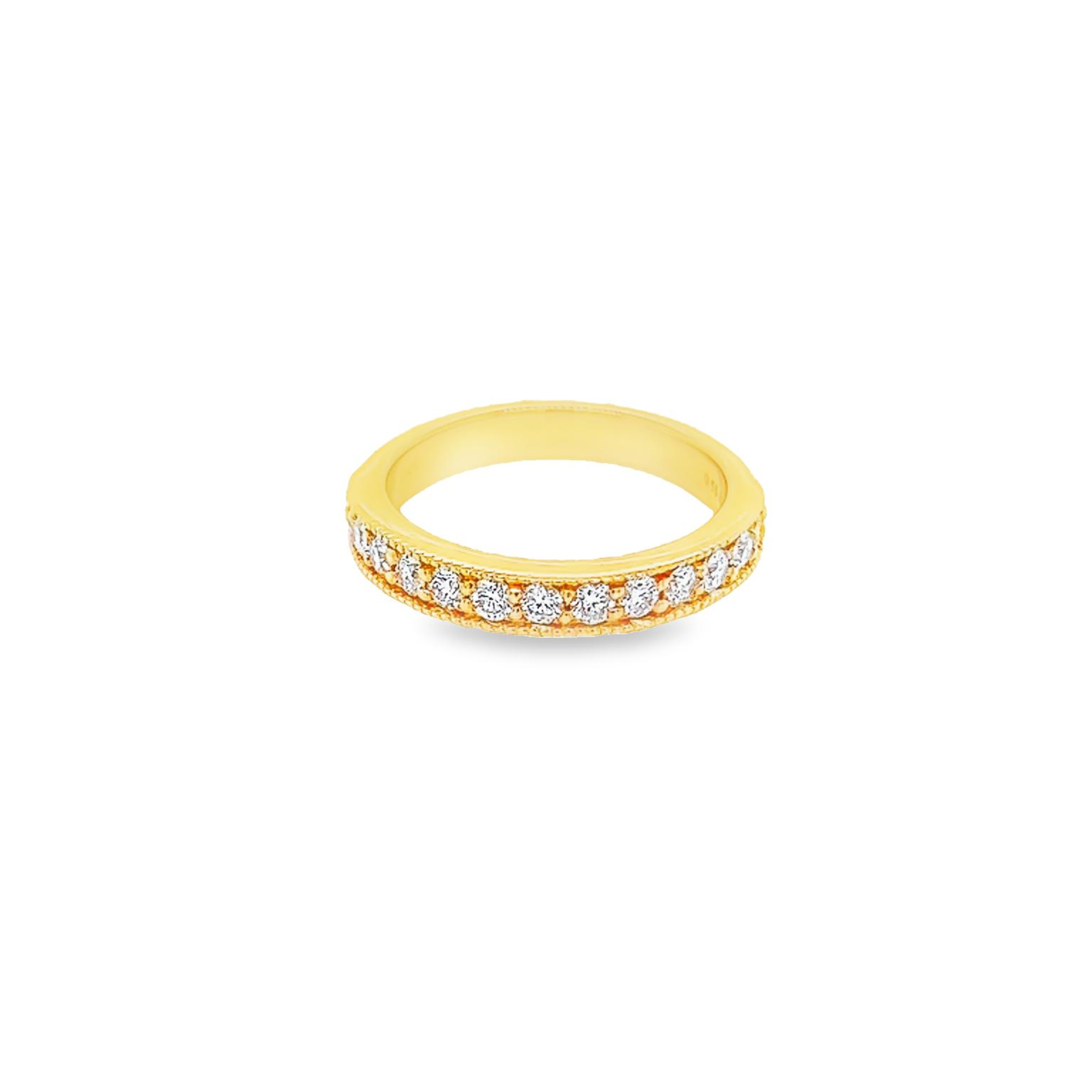 14 Karat yellow gold wedding band Size 6.5 with 13=0.55 total weight round brilliant G VS Diamonds