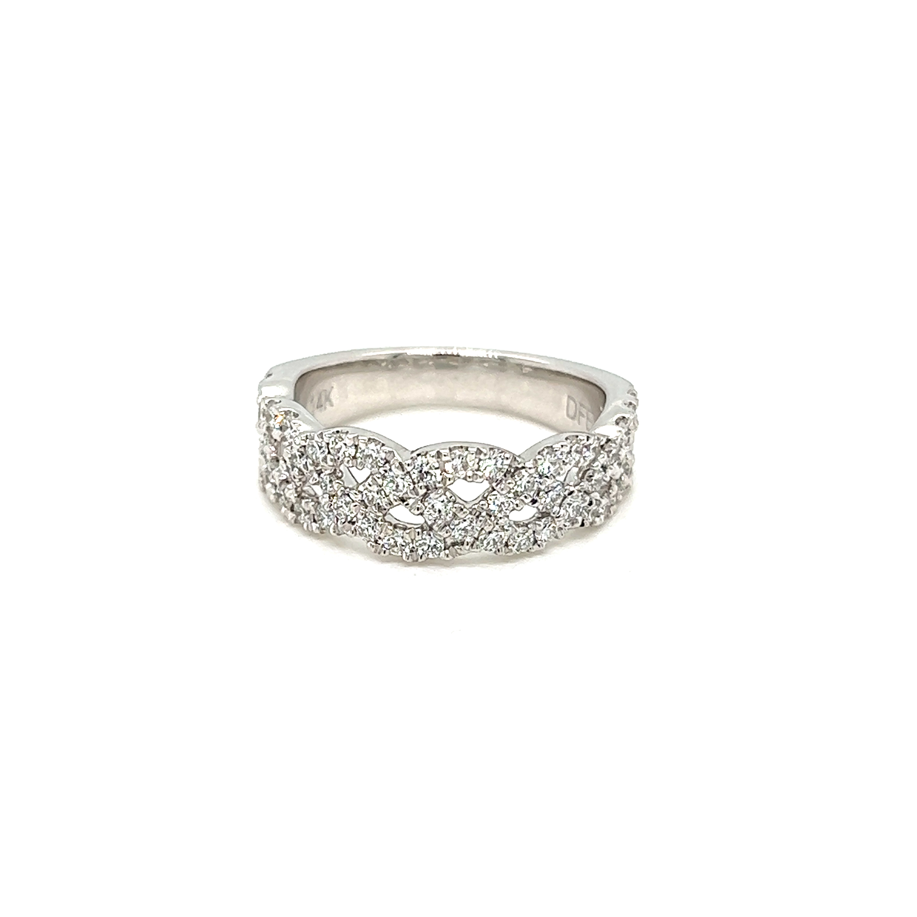 14 Karat white gold woven wedding band with 0.80tw Round Brilliant G VS Diamonds