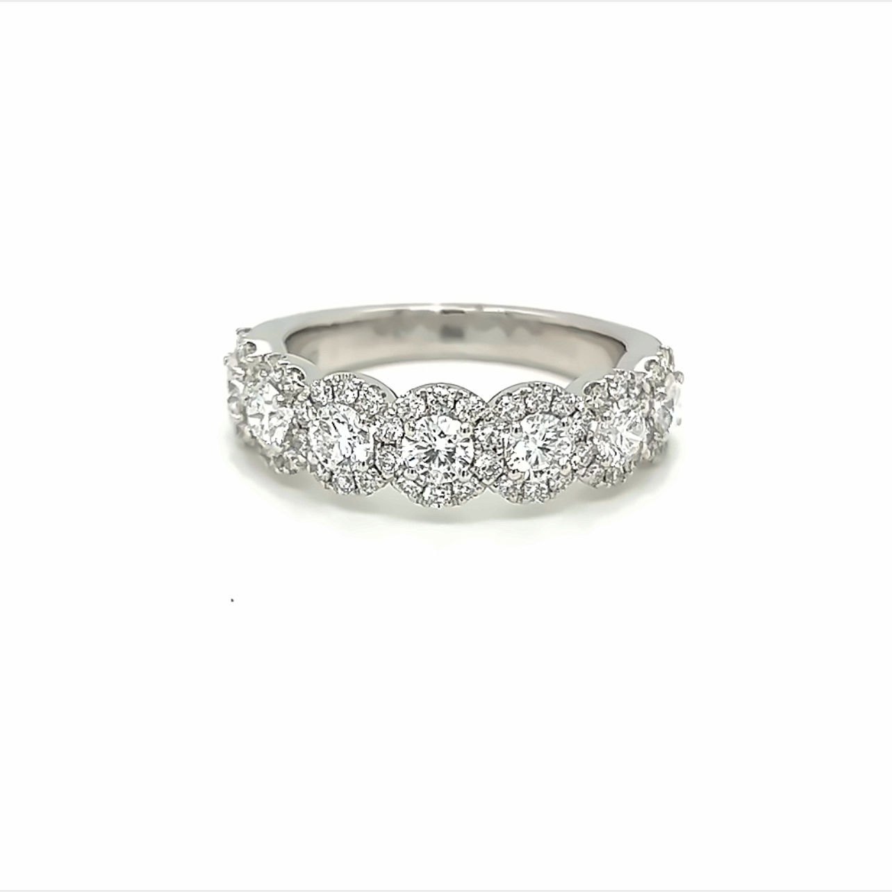 14 Karat white gold halo Wedding Band with 65=1.50tw Round Brilliant G VS Diamonds