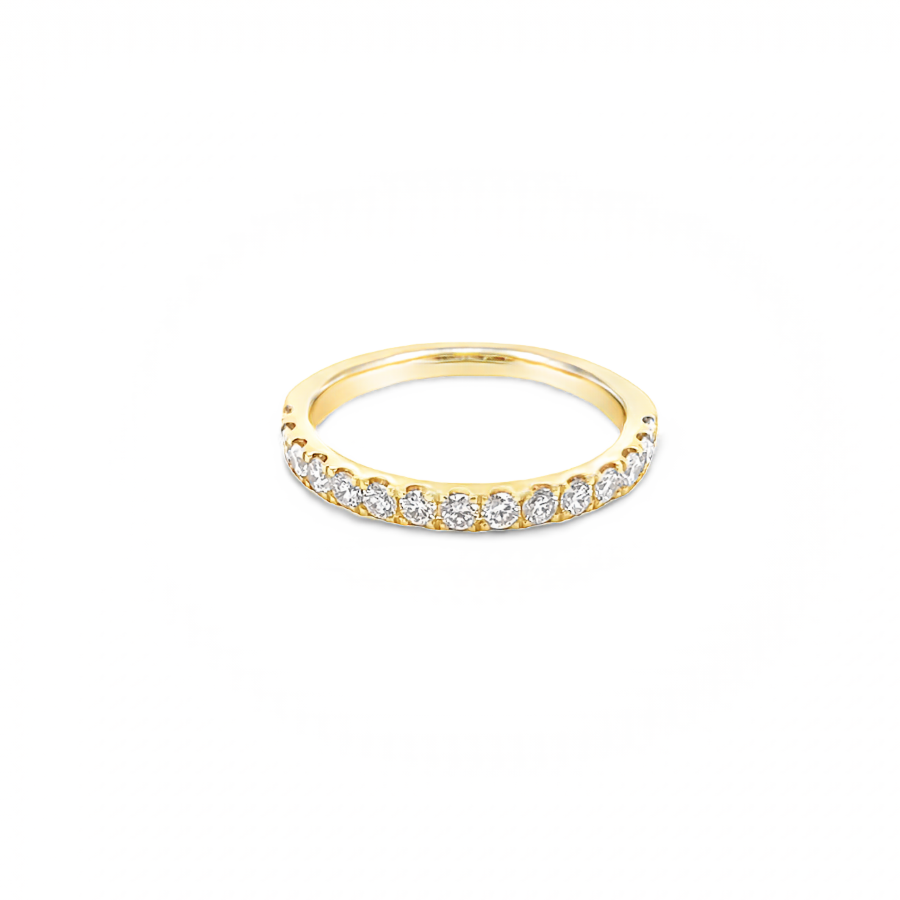14 Karat yellow gold wedding band with 15=0.53 total weight round brilliant G VS Diamonds.