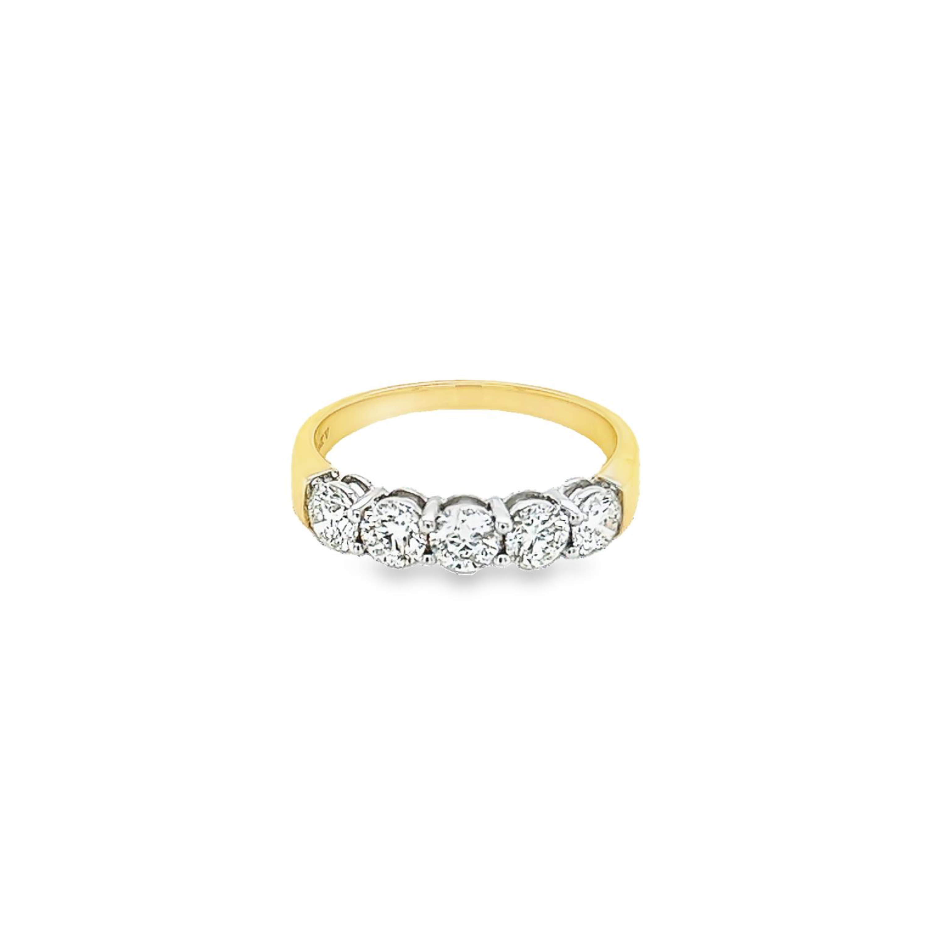 14 Karat yellow gold wedding band Size 6.5 with 5=1.00 total weight round brilliant G VS Diamonds set in 14 karat white gold