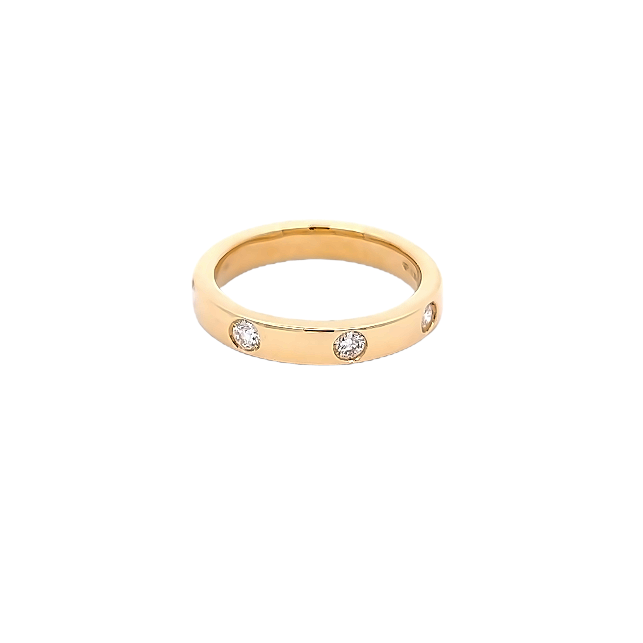 18 Karat yellow gold wedding band with 4=0.39 total weight bezel set Round Brilliant G SI Diamonds. Size 7