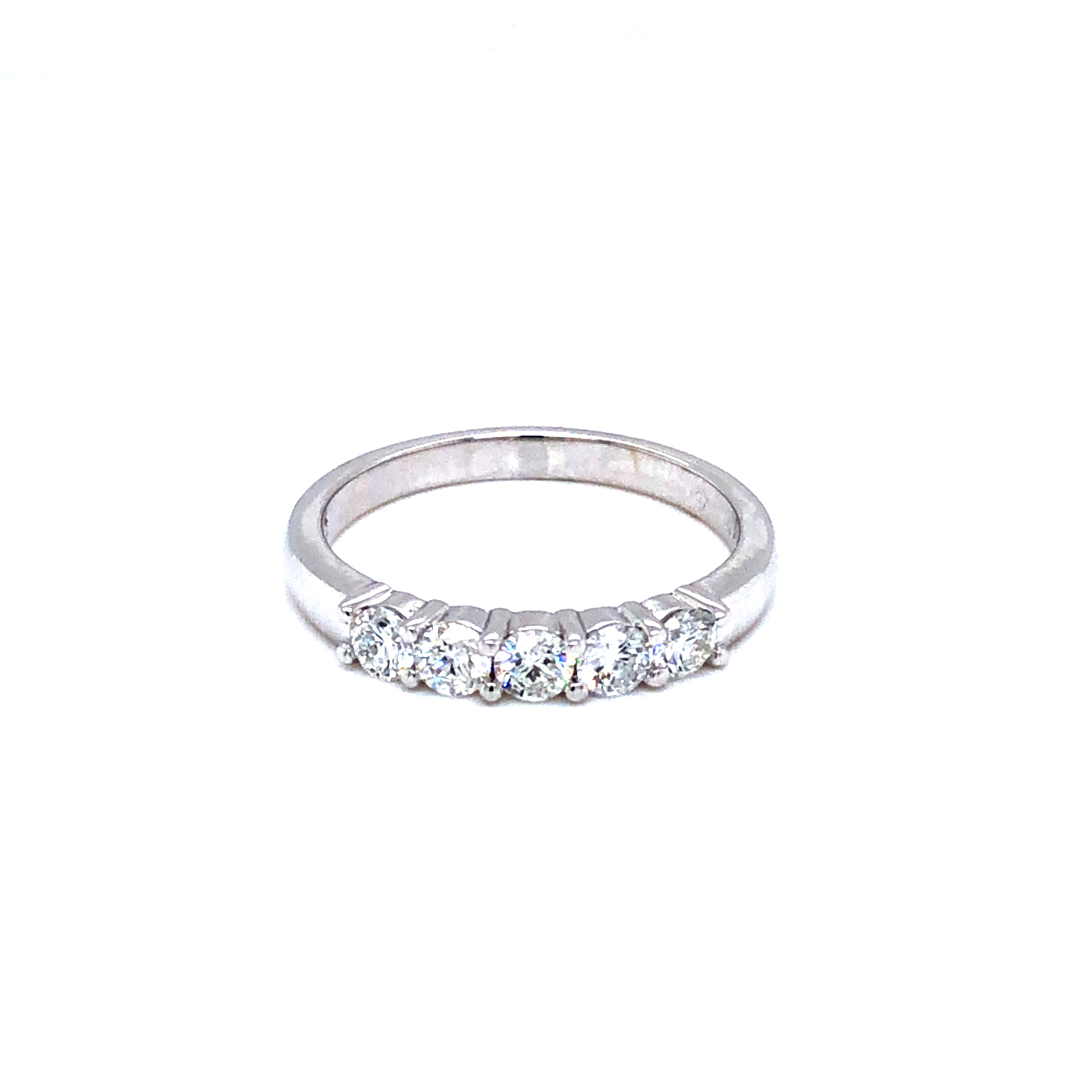14 Karat white gold 5-stone wedding band with 5=0.54 total weight round brilliant I  VS Diamonds. Size 6.5