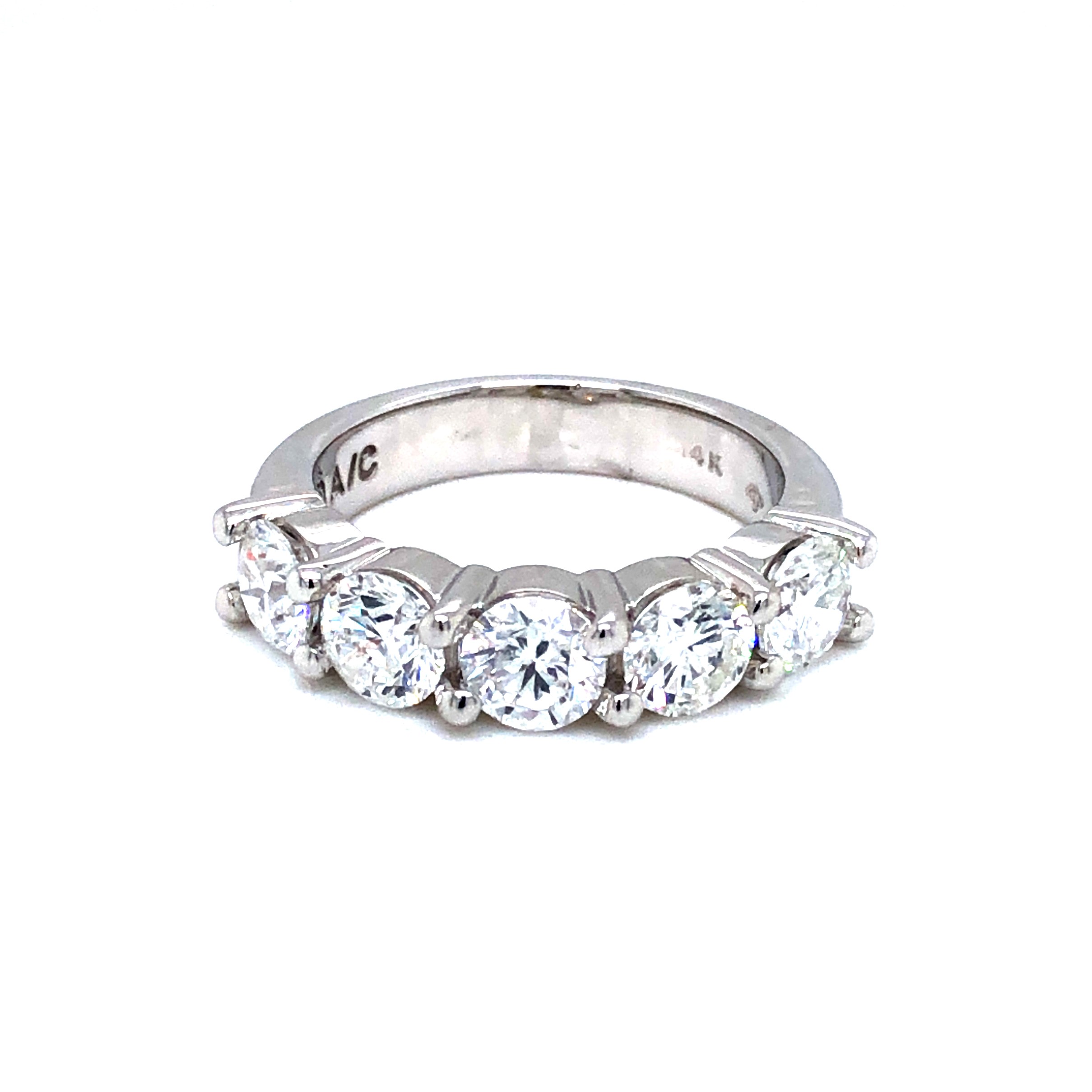 14 Karat white gold 5-stone wedding band with 5=2.53 total weight round brilliant G SI2 Diamonds