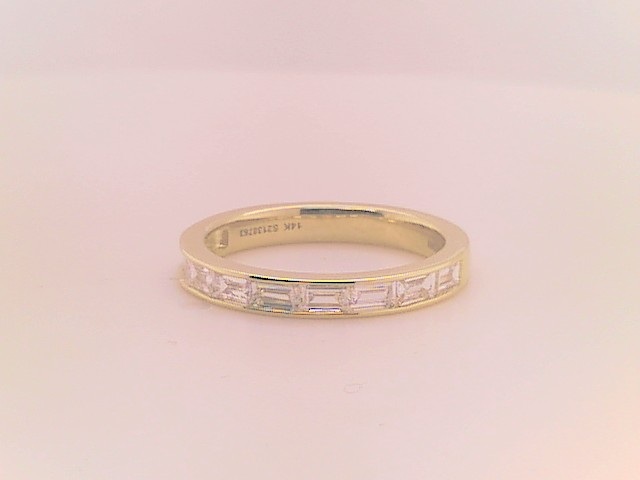 14 Karat Yellow Gold Ring With Nine Lab Grown Synthetic Emerald Cut Diamonds That Have A Total Weight Of 0.68 Carats.