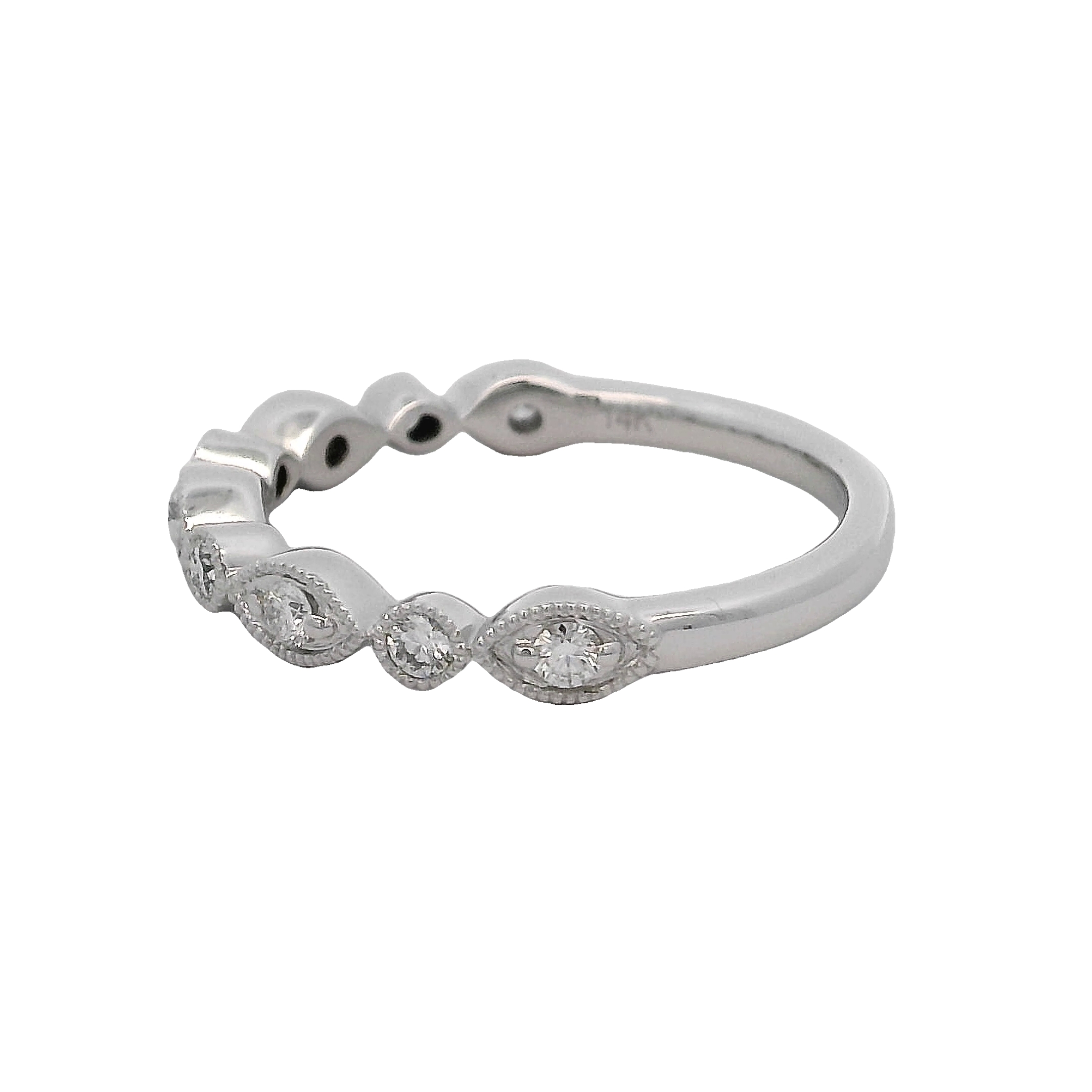 14k White Gold Round And Marquise Bezel Diamond Wedding Band